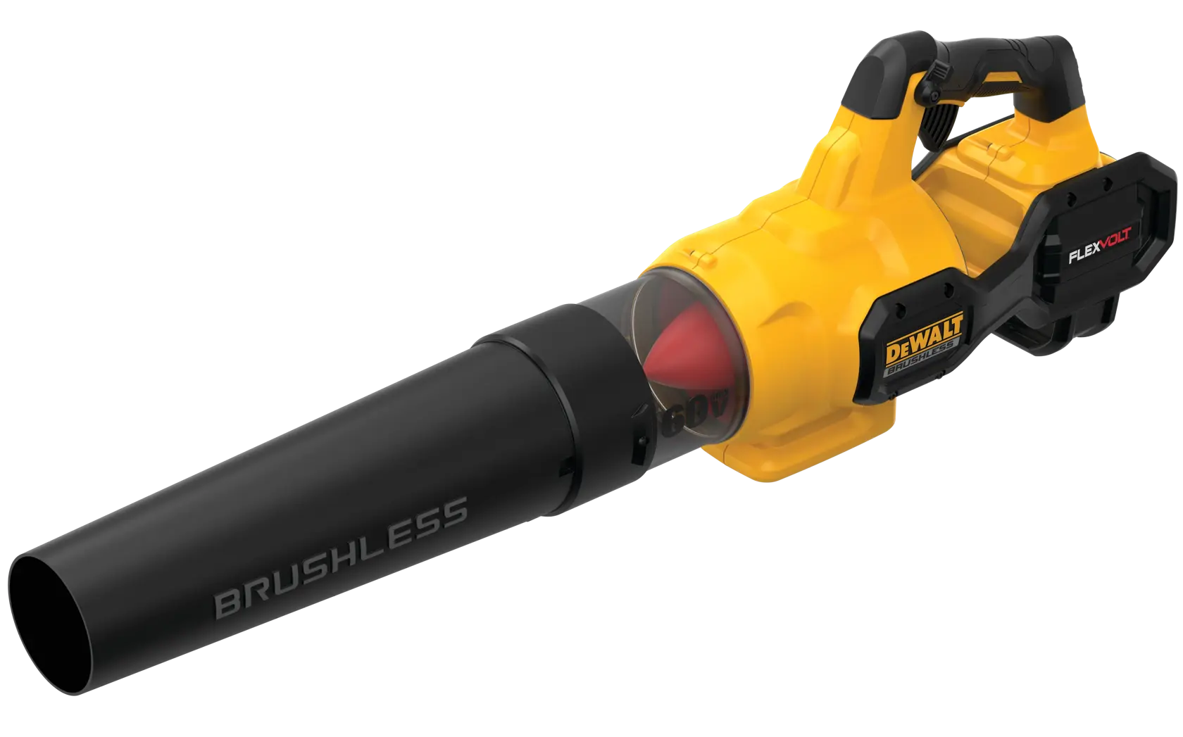 A DEWALT brushless cordless leaf blower with FLEXVOLT technology, featuring a yellow and black design and ergonomic handle.