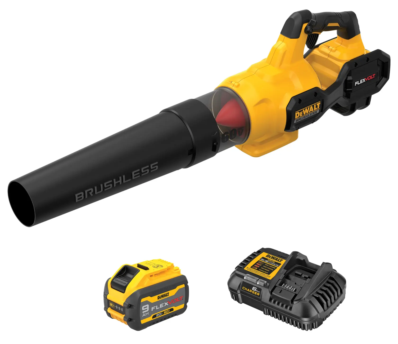 A DEWALT cordless leaf blower with brushless motor, shown with a detachable FLEXVOLT battery and a battery charger. The blower is yellow and black, with the battery and charger placed nearby.