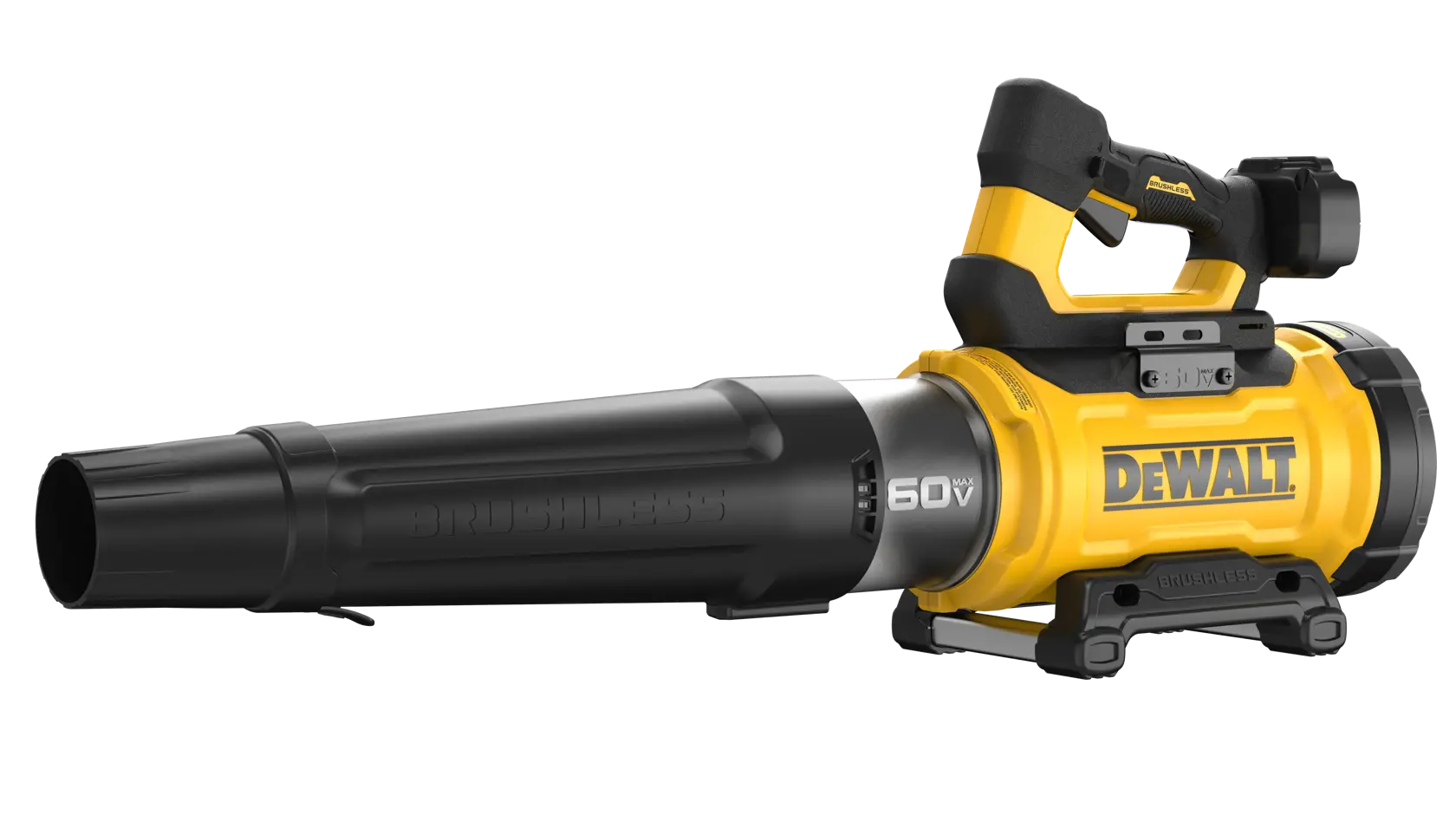 A DEWALT 60V brushless cordless leaf blower, shown in yellow and black with a large handle and nozzle.