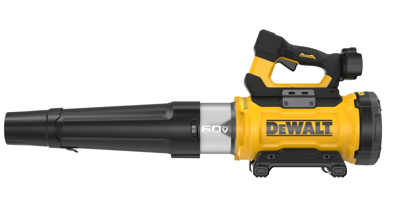 A side view of a DEWALT 60V MAX brushless cordless handheld leaf blower, with a yellow and black color design.