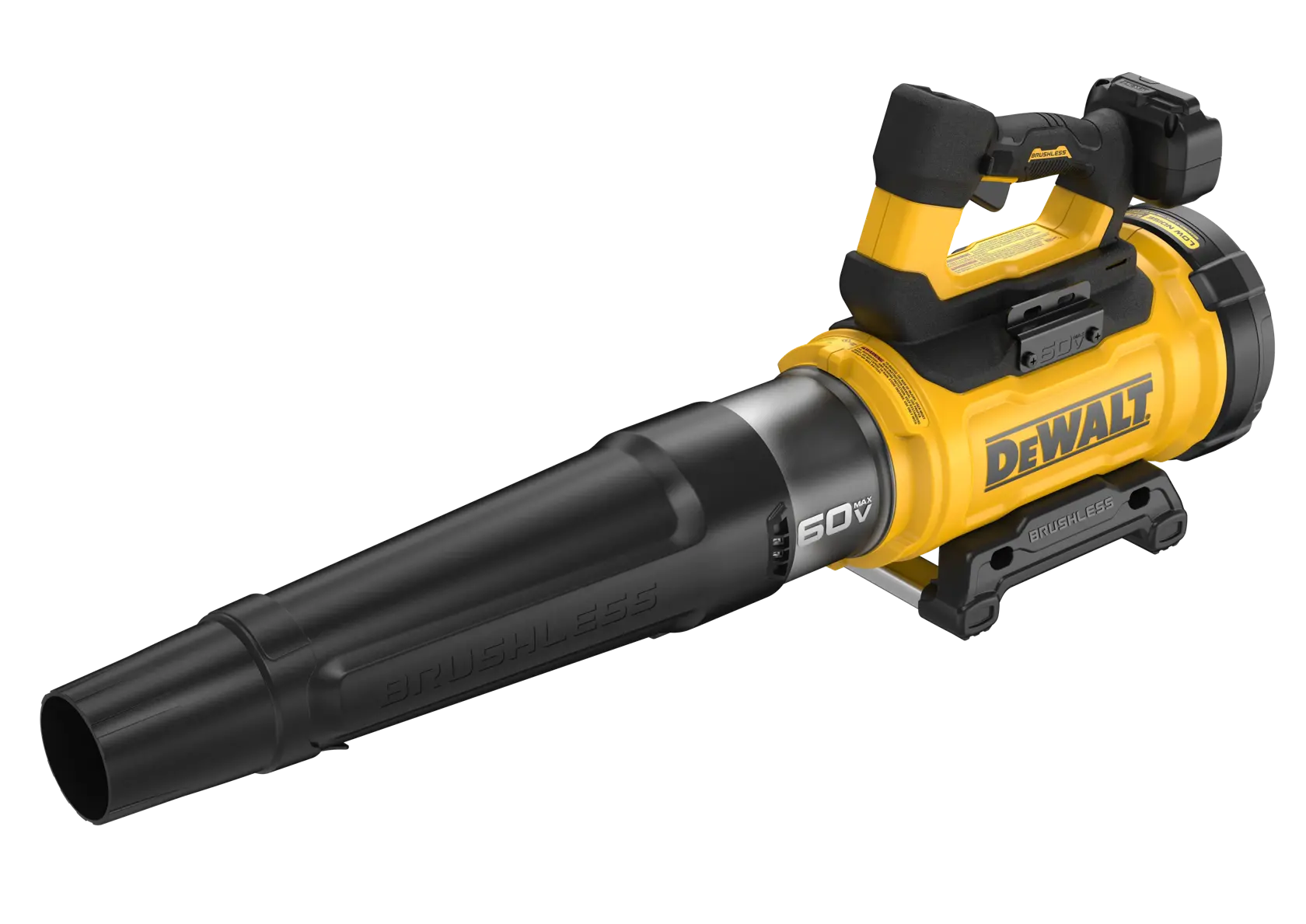 A DEWALT cordless leaf blower with a yellow and black body, featuring a brushless motor and a 60V battery, displayed on a white background.