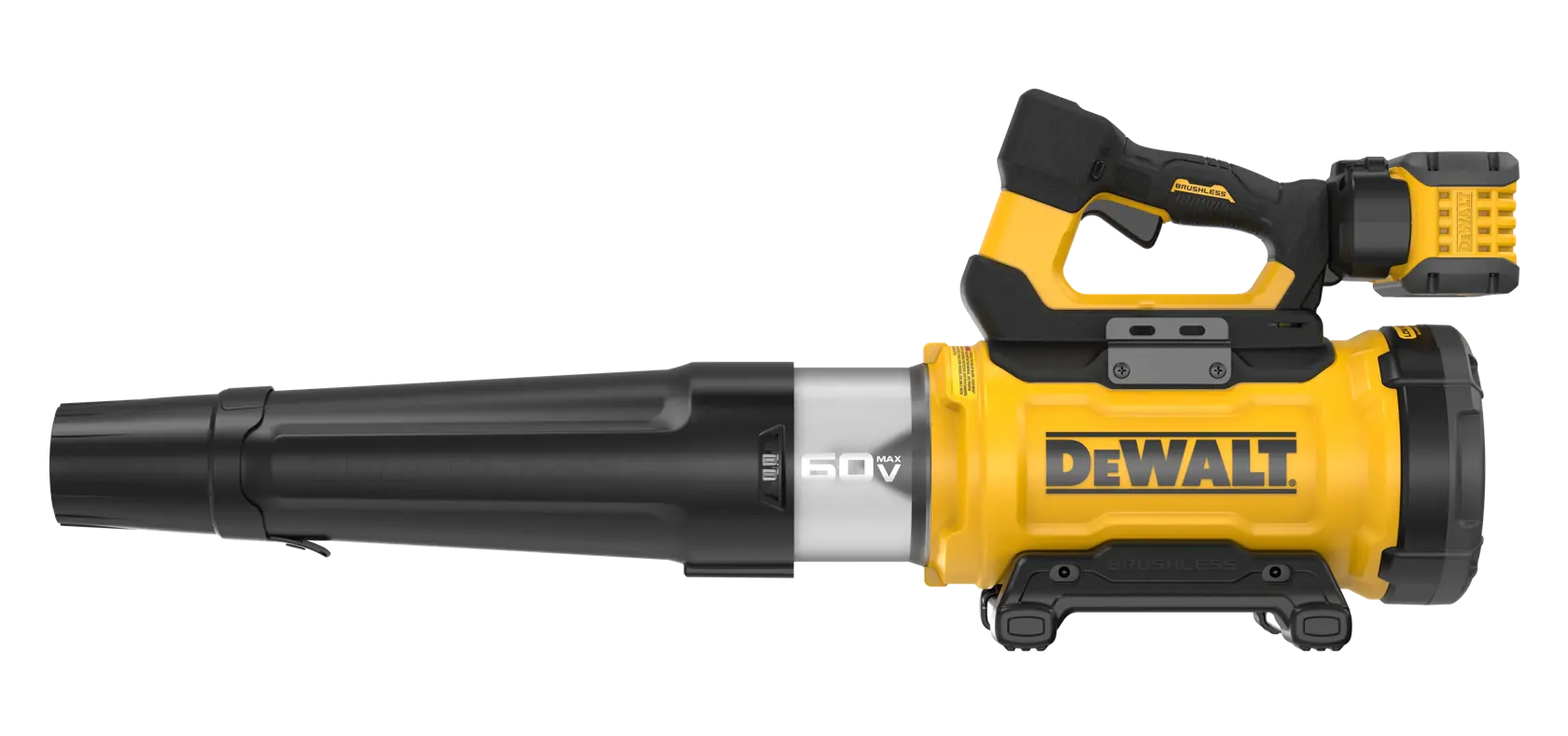 A DEWALT 60V cordless leaf blower with a yellow and black design, featuring a brushless motor and ergonomic handle.