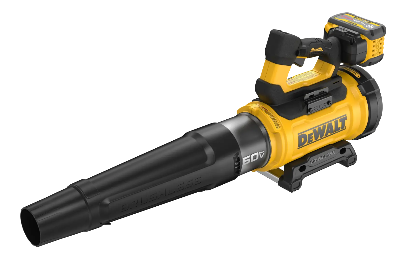 A yellow and black DEWALT cordless leaf blower with a brushless motor and 20V battery attached, shown against a white background.