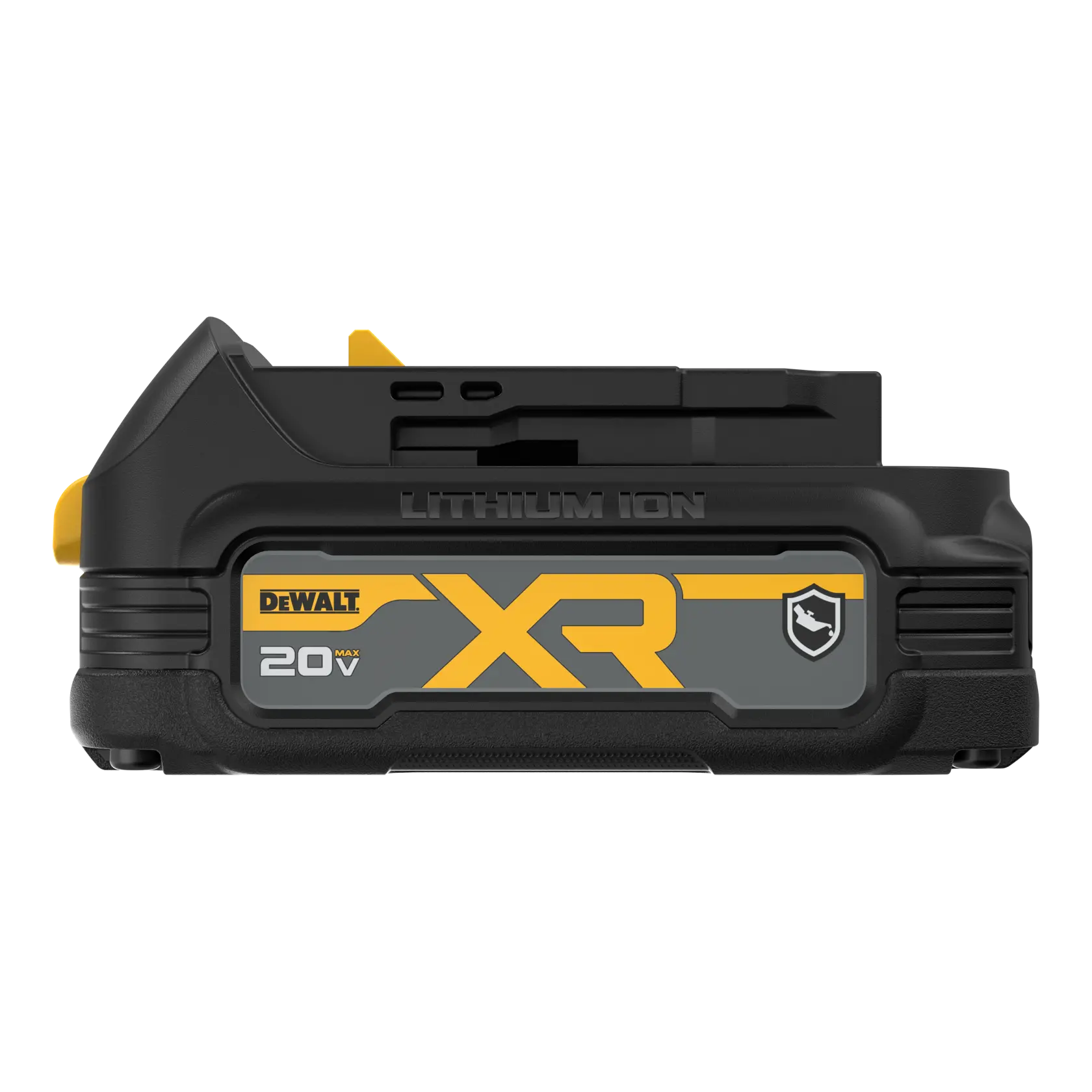 Front view of a DEWALT 20V MAX XR Lithium Ion battery pack designed for power tools, showing its black and yellow color scheme with branding and specifications.