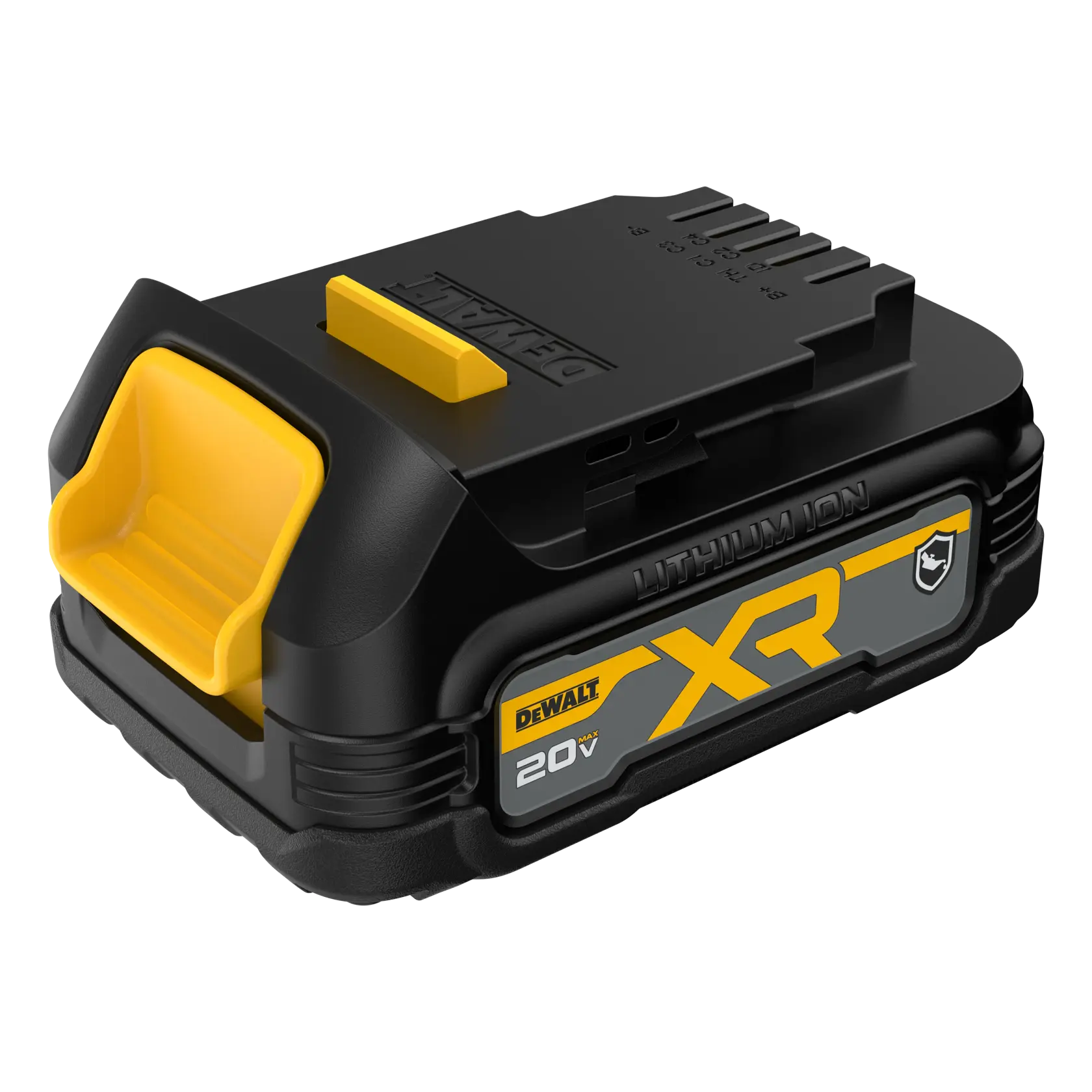 A DEWALT branded lithium-ion XR 20V battery, featuring a black and yellow design and compact rectangular shape.