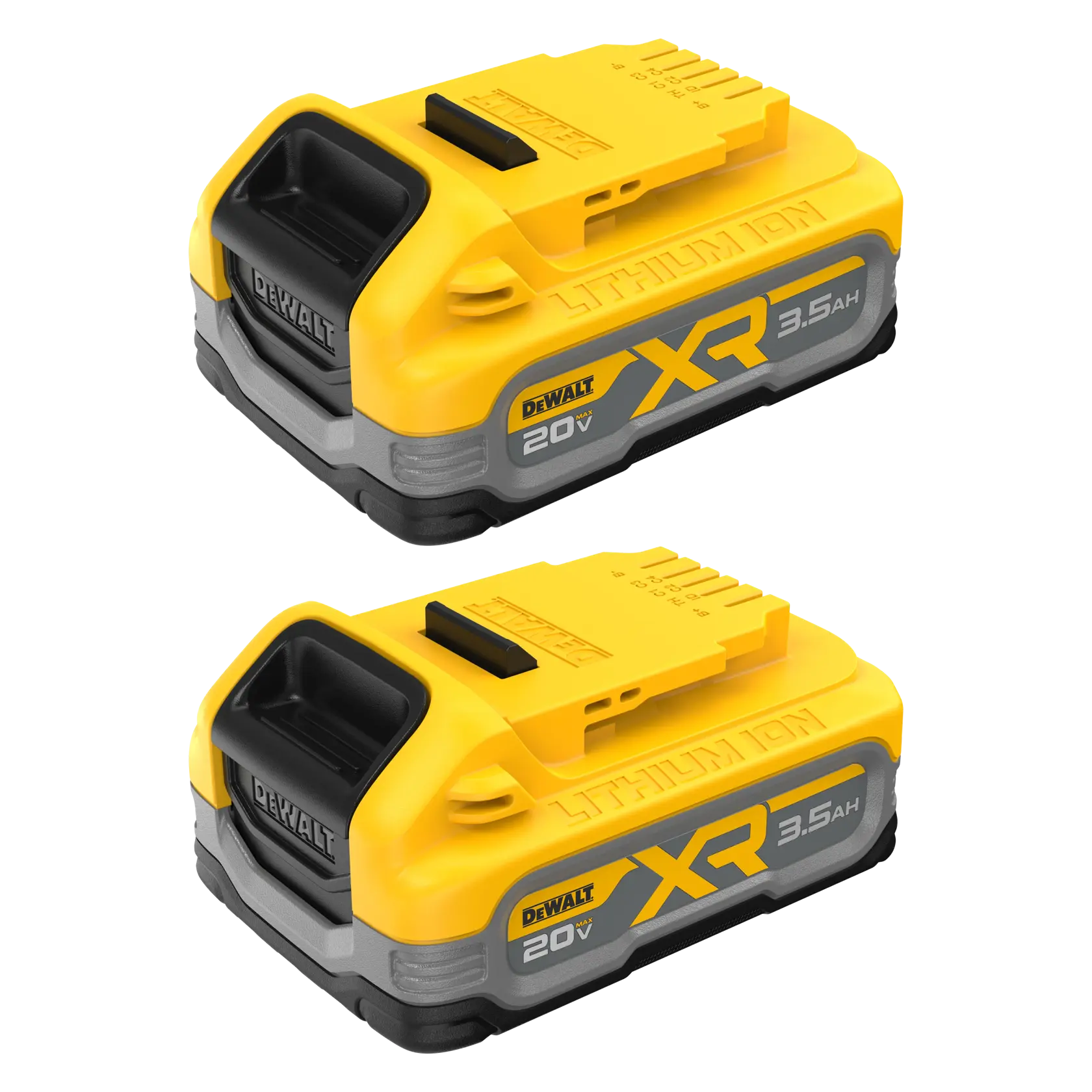 Two DEWALT XR 20V lithium-ion 3.5Ah batteries displayed side by side, showing their yellow and black design with clear branding and specifications on the side.