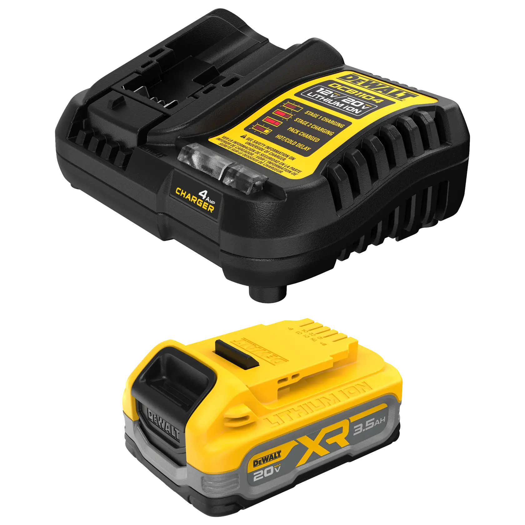 A DeWalt 20V lithium-ion battery charger and 20V XR 3.5Ah lithium-ion battery. The charger is black with a yellow DeWalt label and indicator lights; the battery is yellow and gray with XR branding.