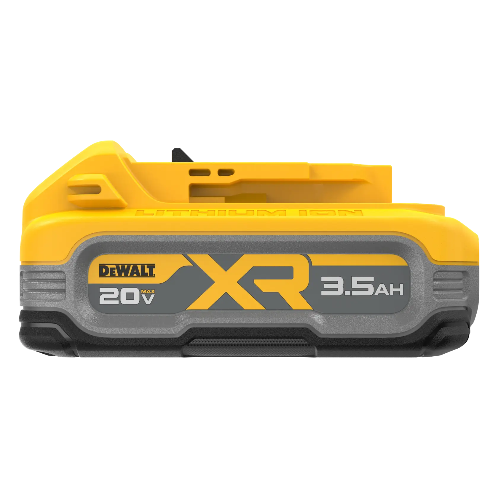 Front view of a DEWALT XR 20V MAX lithium ion battery with 3.5 Ah capacity, featuring a yellow and gray design.