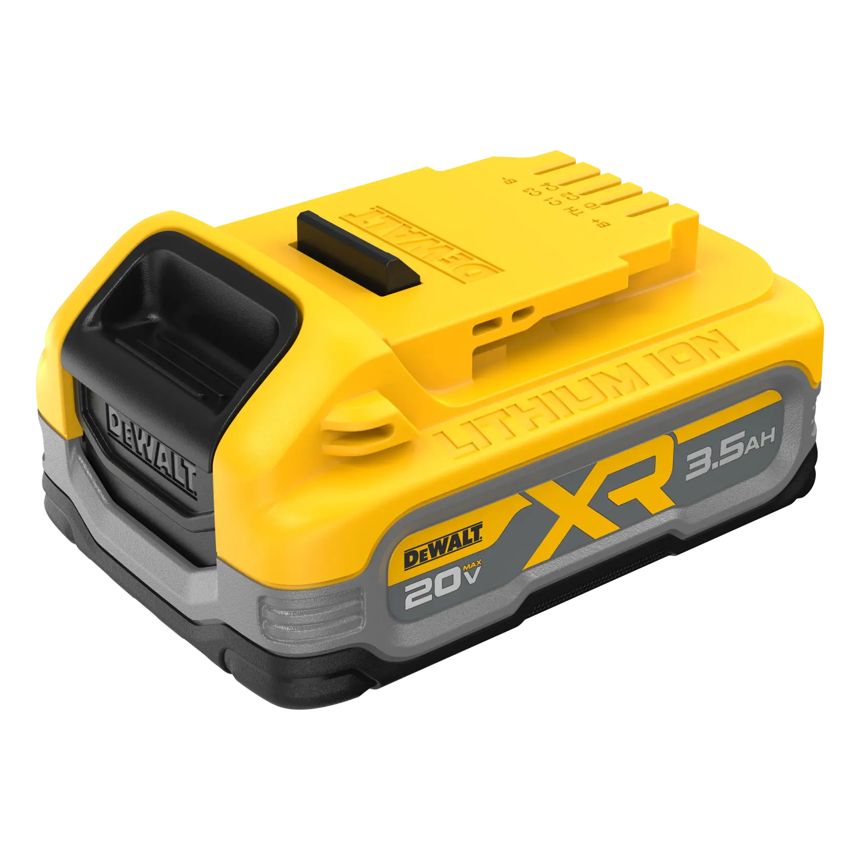 A yellow and black DEWALT 20V XR 3.5Ah lithium-ion battery pack, model DCBP320-2, designed for use with power tools.