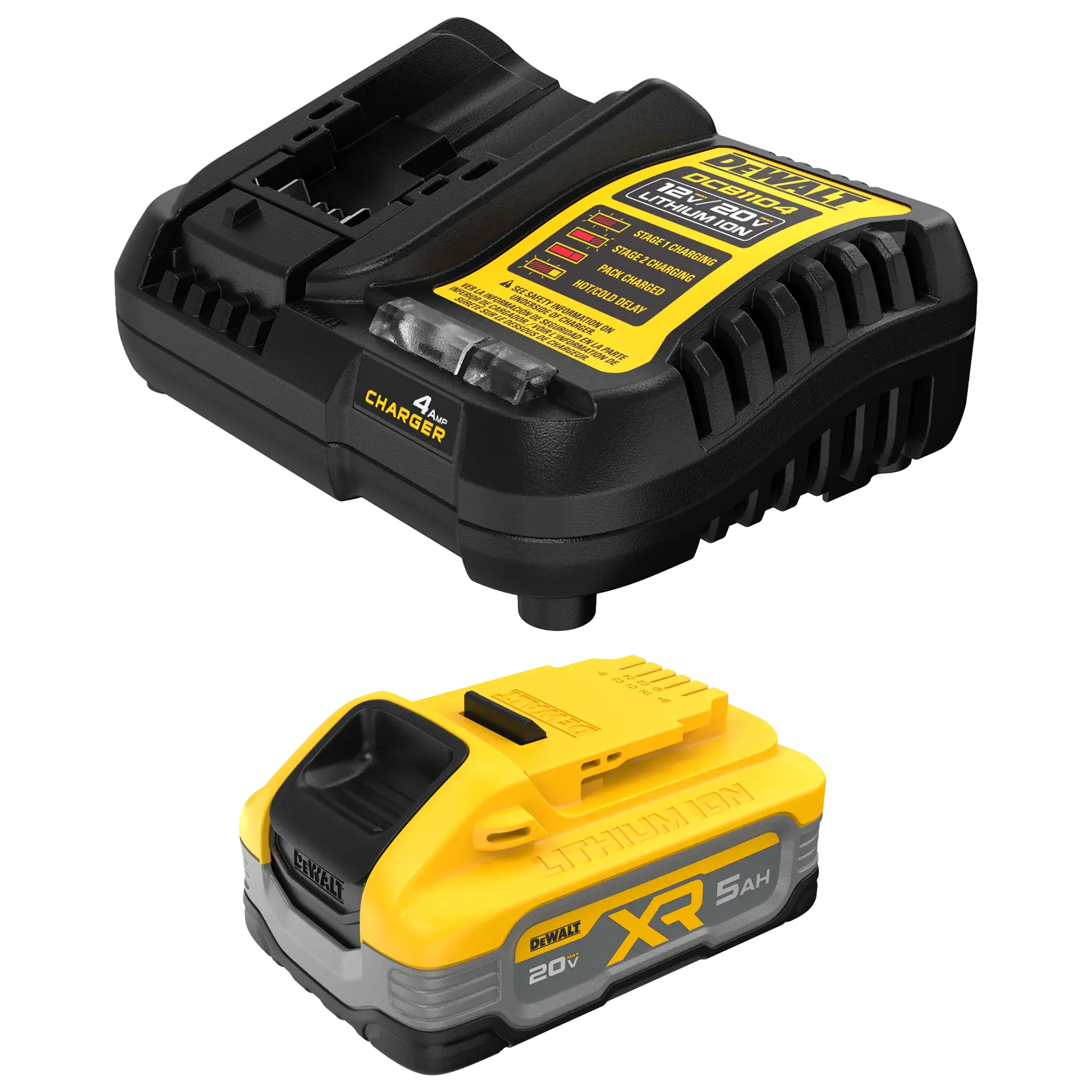 A DEWALT power tool battery charger and a DEWALT 20V XR 5Ah lithium-ion battery pack, both black and yellow. The charger is labeled for 20V/12V lithium-ion batteries and shows indicator lights. The battery pack has the XR branding and capacity clearly marked.