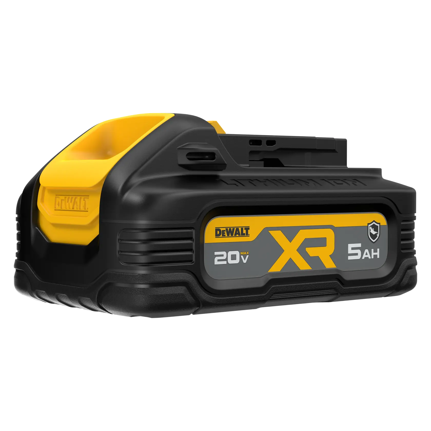 A DEWALT 20V XR lithium-ion battery pack with 5 amp-hour capacity. The battery is black with yellow accents and features the DEWALT logo and specifications on a gray label.
