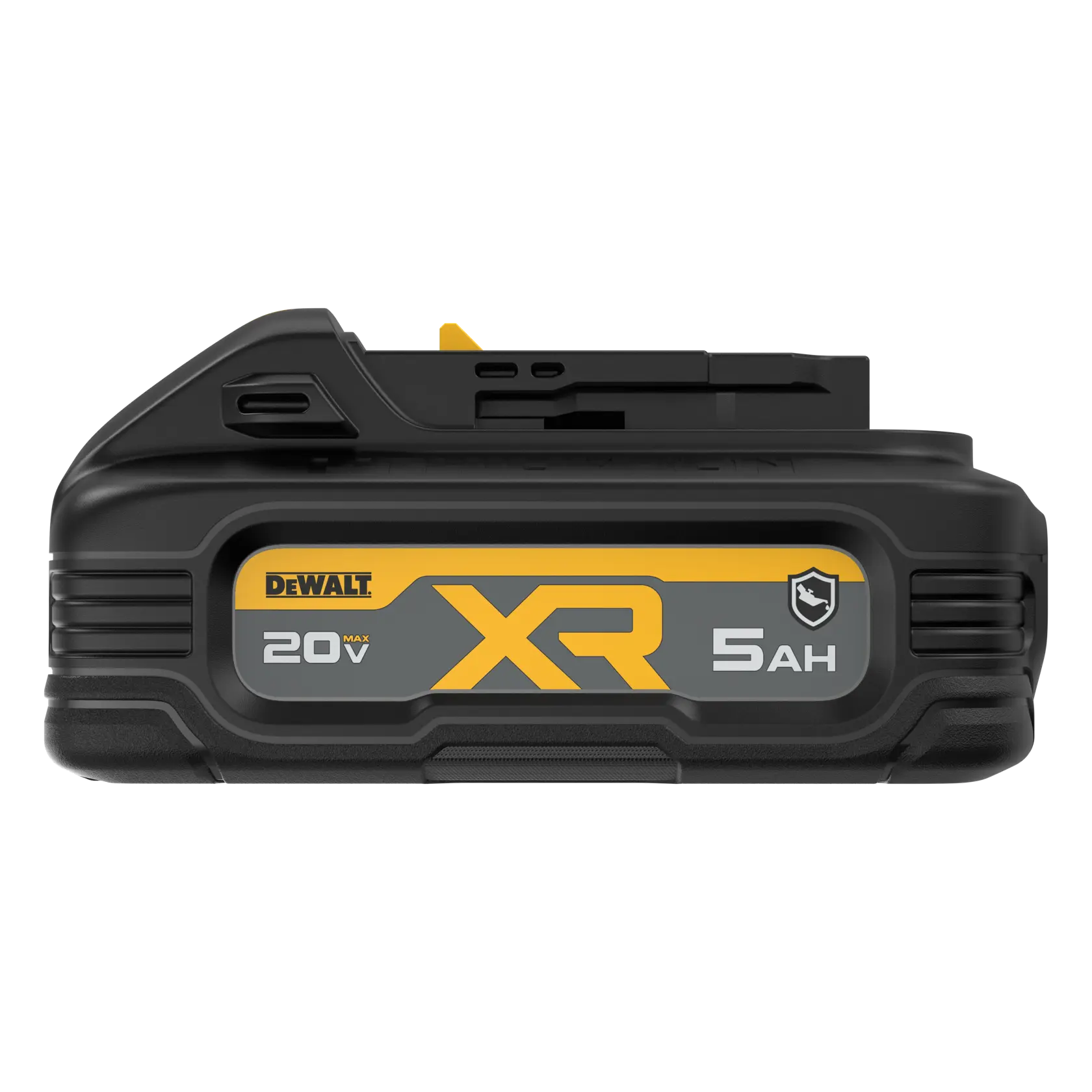 A DEWALT XR 20V MAX 5Ah lithium-ion battery, black with yellow and gray label, designed for power tools.