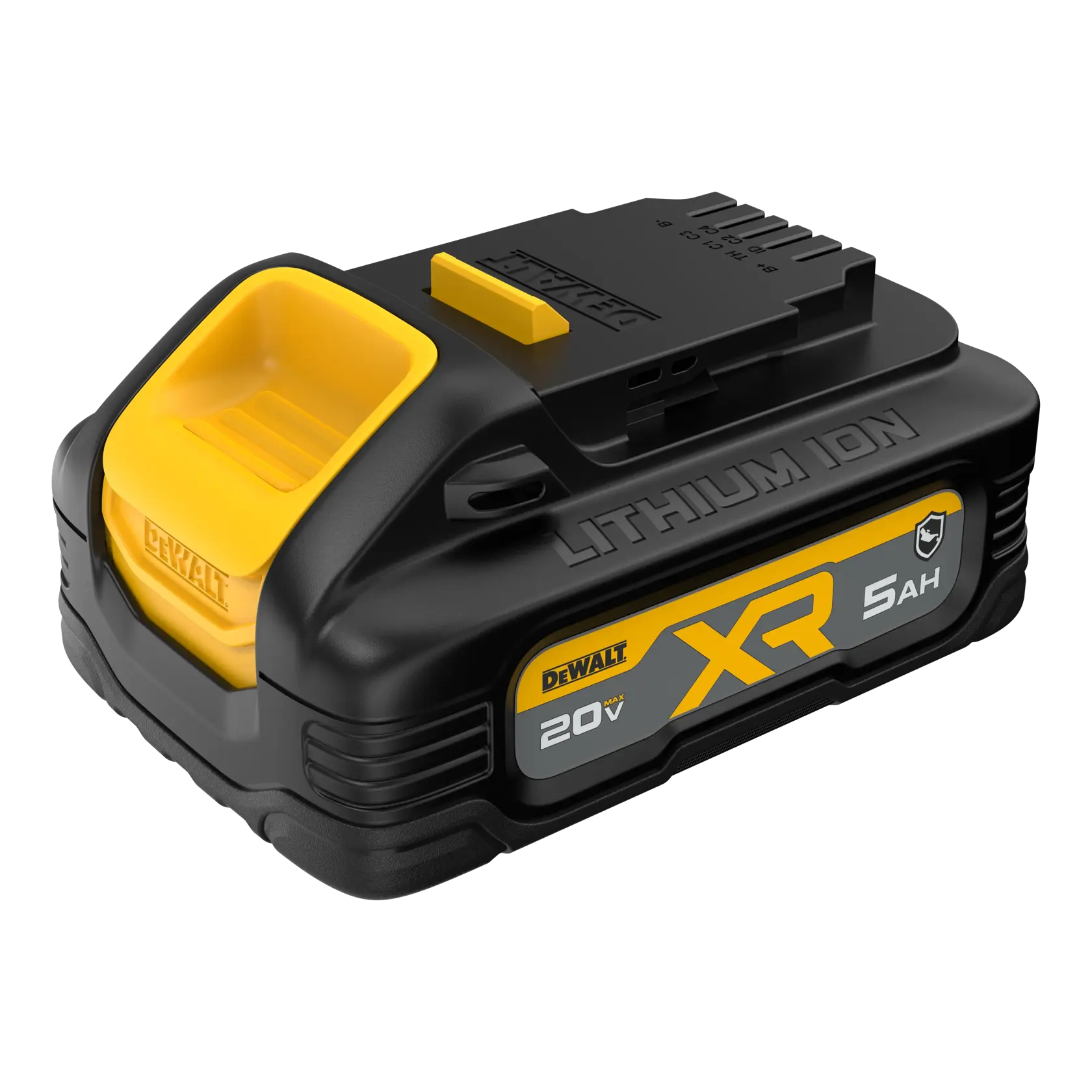 A DEWALT XR 20V lithium-ion battery pack with a 5Ah capacity, designed for power tools. The battery is black with yellow accents and features branding and specifications on its side.
