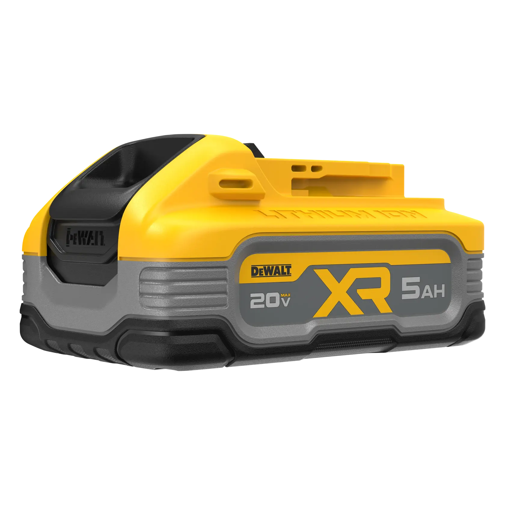 A DEWALT XR Lithium-Ion battery for power tools, yellow and black in color, with 20V Max and 5Ah capacity clearly marked on the side.