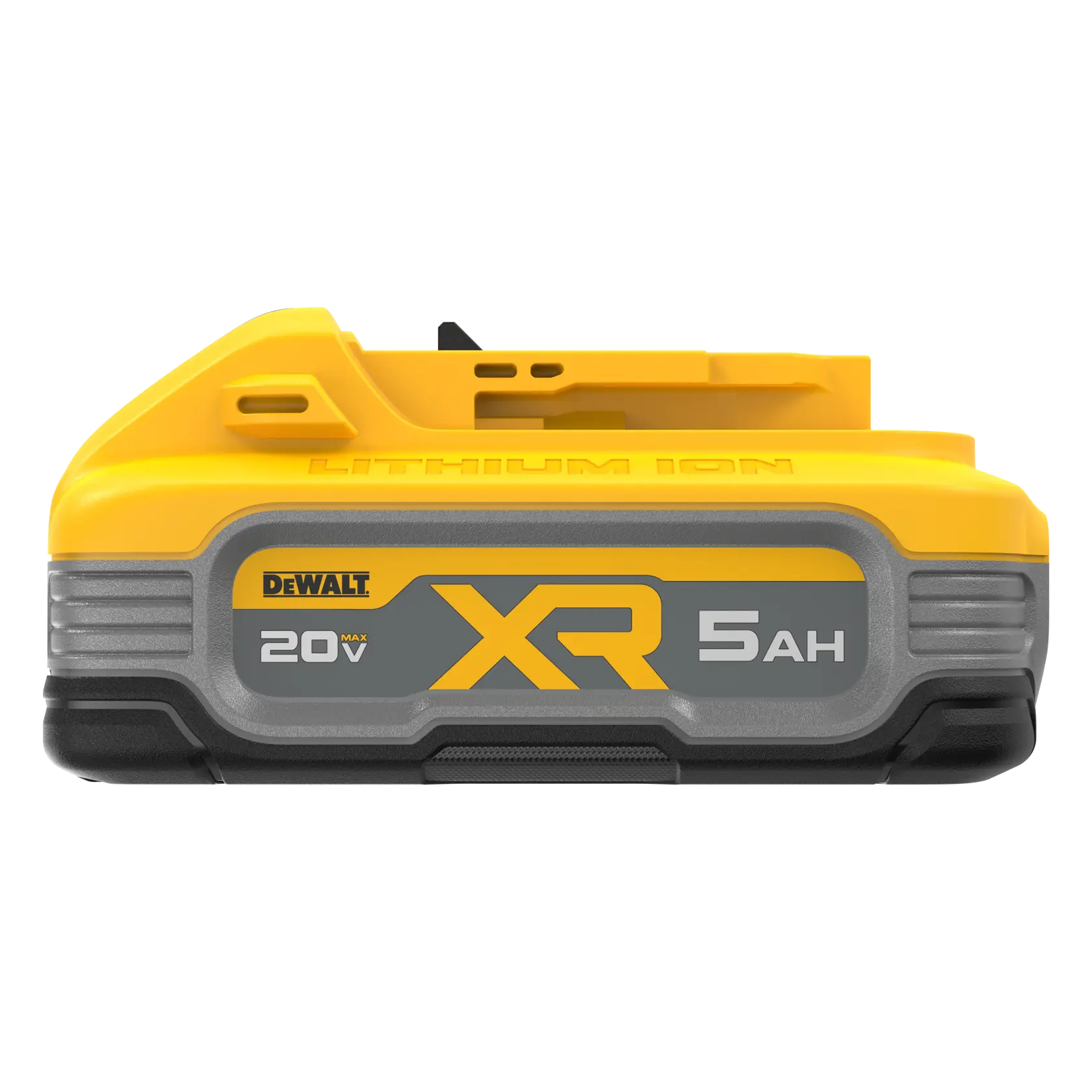 A DEWALT 20V XR 5Ah lithium-ion battery pack, shown from the front with a yellow and gray design. The battery is intended for power tools.