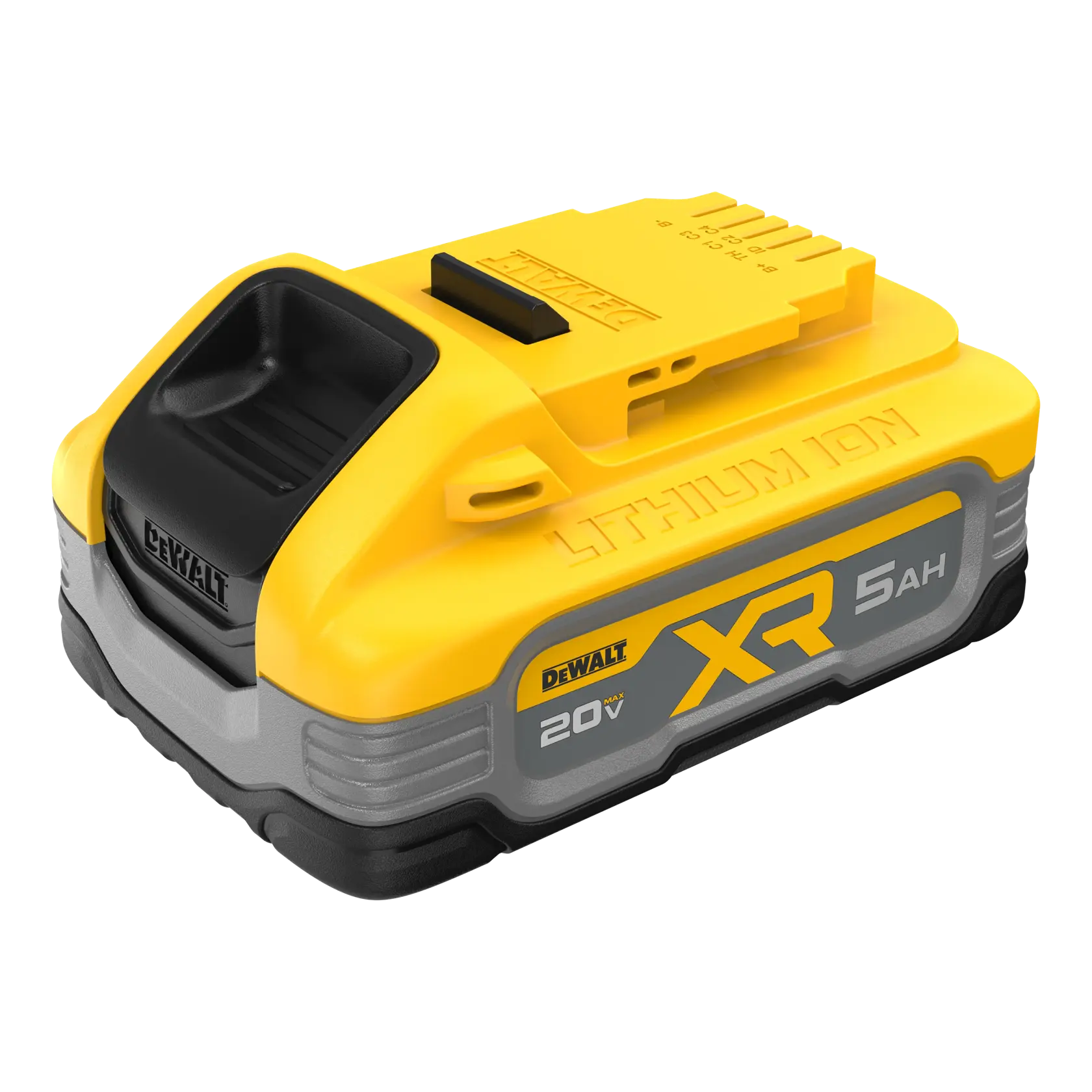 A DEWALT XR 20V Lithium Ion 5Ah rechargeable battery pack, yellow and gray color, designed for power tools.