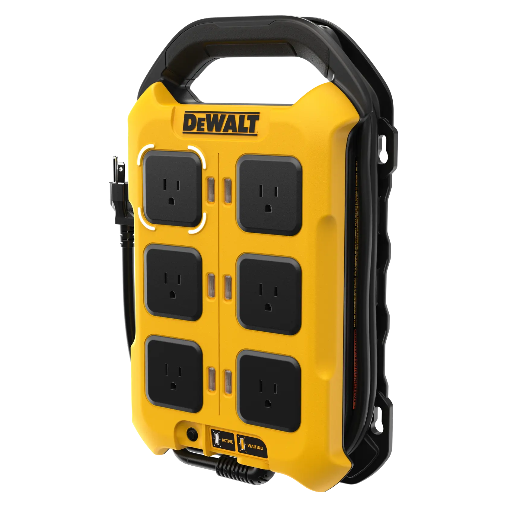 A DEWALT yellow and black portable power station featuring eight electrical outlets, a carrying handle on top, and a power cord stored on the side.