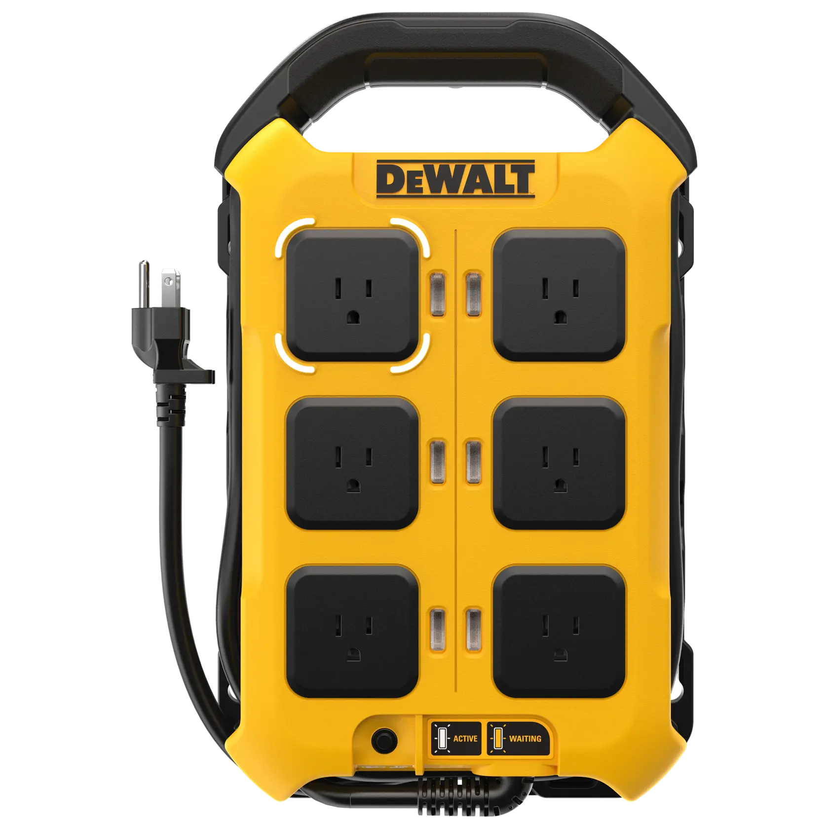 A DEWALT portable yellow power strip with eight black electrical outlets, a handle on top, a built-in cord on the left side, and two indicator switches labeled 'Active' and 'Waiting' at the bottom.