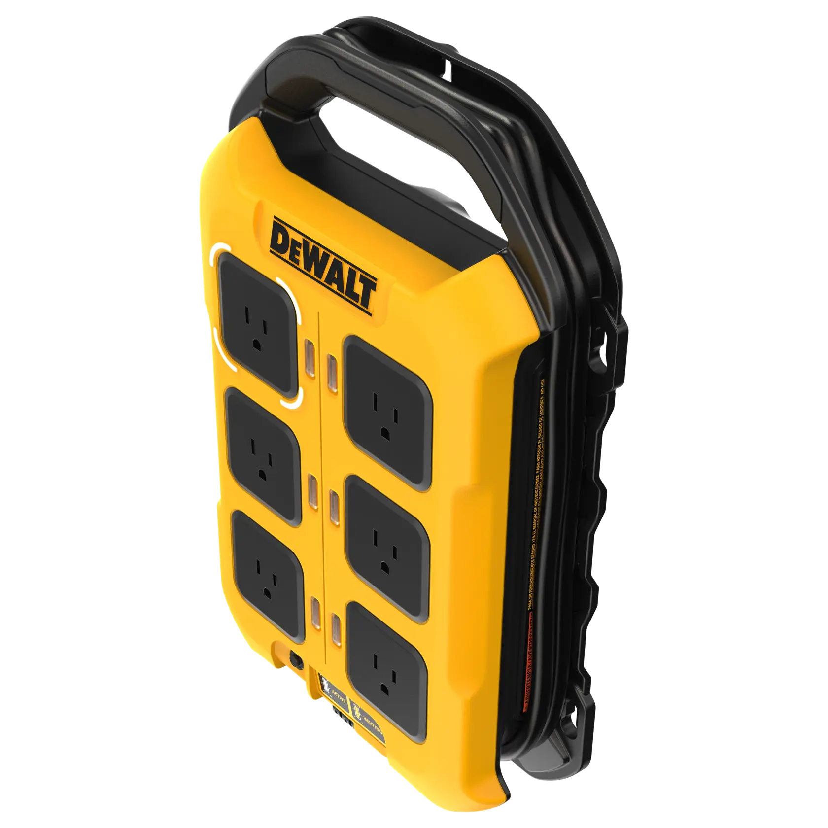 A DEWALT branded portable power strip with a yellow and black design, featuring six electrical outlets and a sturdy carrying handle.