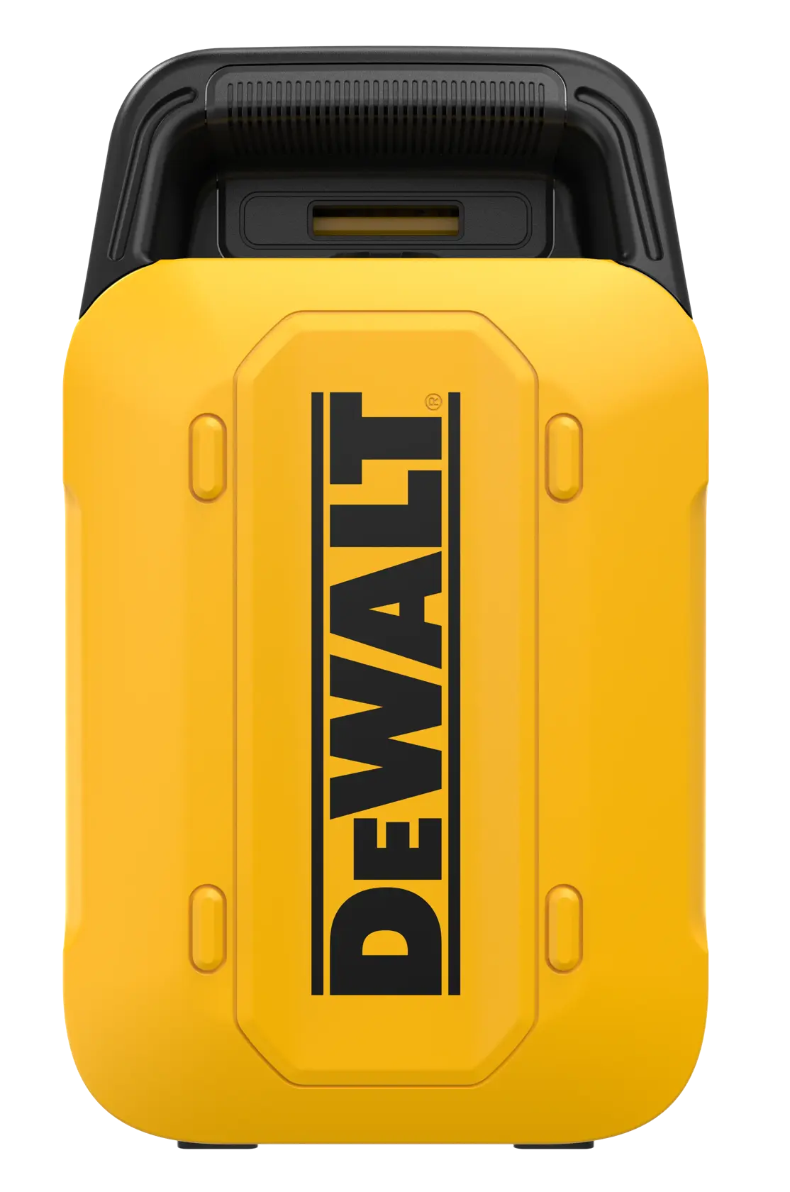 Front view of a yellow DEWALT portable power station with a black handle.