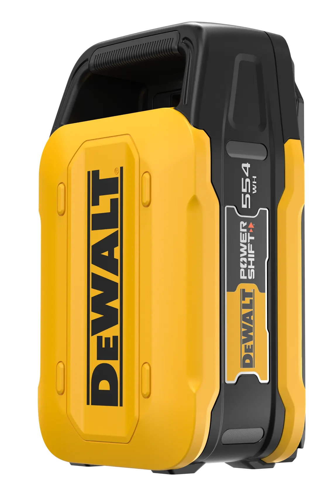 A DEWALT Power Shift 554 Wh portable battery pack with a yellow and black rugged casing and a handle at the top.