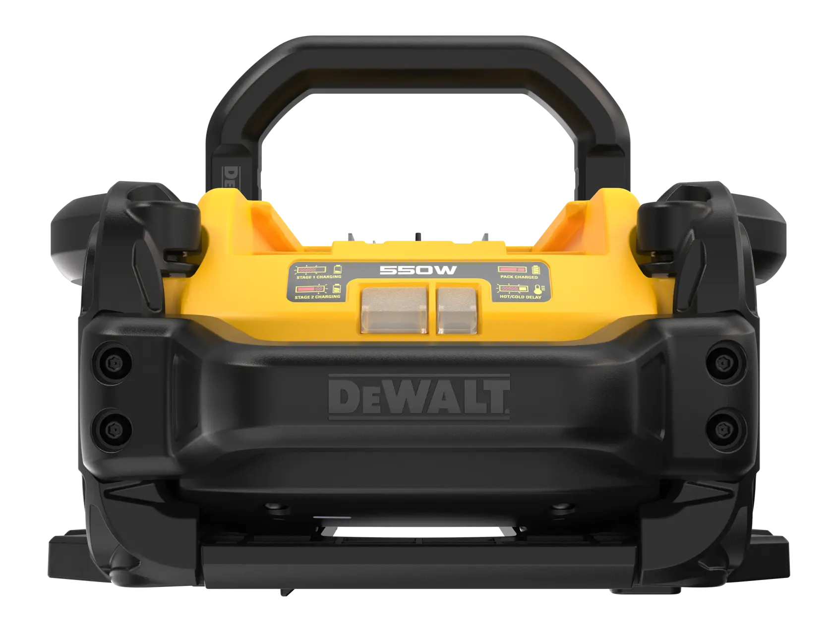 Front view of a DEWALT portable power station with a yellow and black design and a sturdy handle, labelled as 550W.