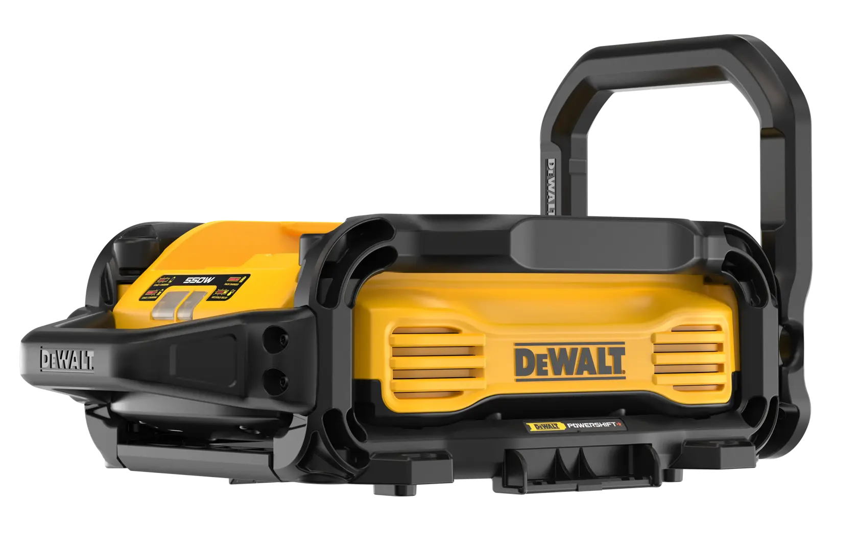A DEWALT portable yellow and black power station with handle, model DCBPSC0550, designed for charging batteries and providing power on job sites.
