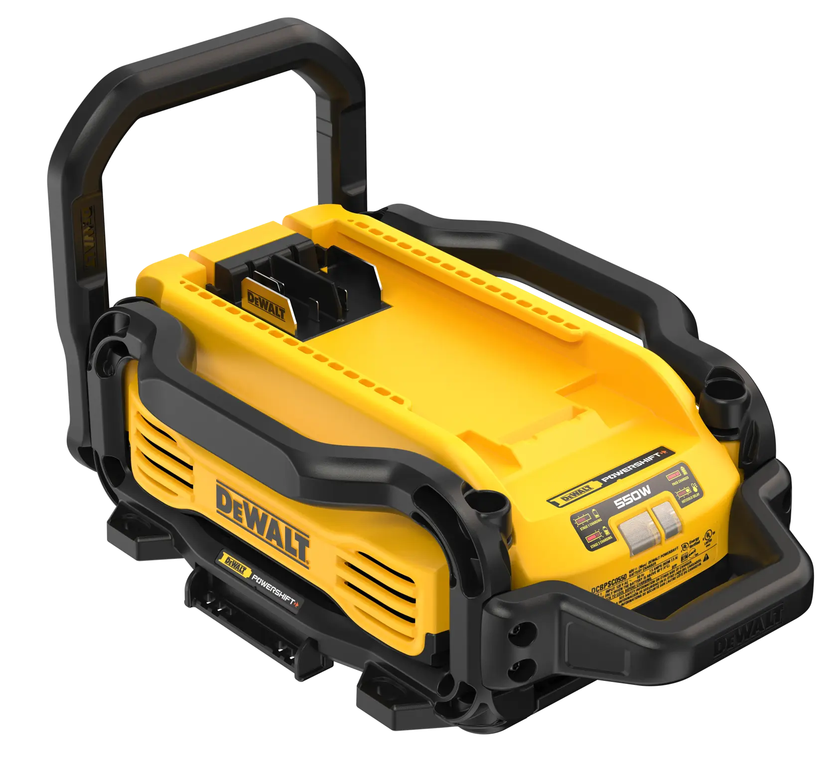 DEWALT portable yellow and black power station unit with carrying handle, model DCBPSC0550, designed for supplying power, shown against a white background.