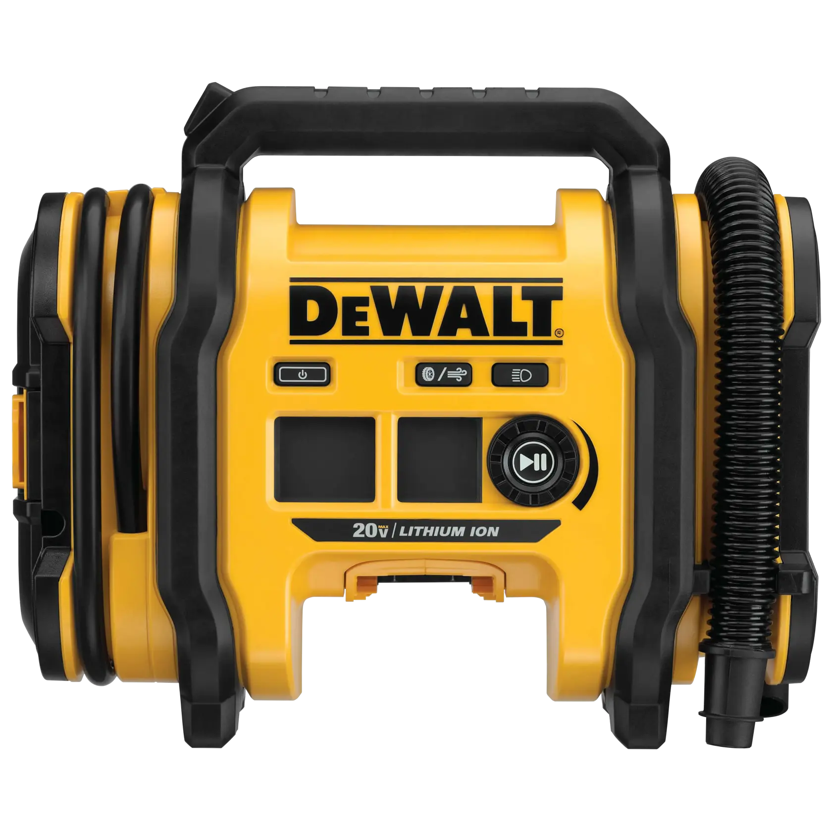 Front view of a DEWALT 20V Lithium Ion portable air inflator with a built-in handle, hose storage on the sides, control buttons, and a digital display on the front.