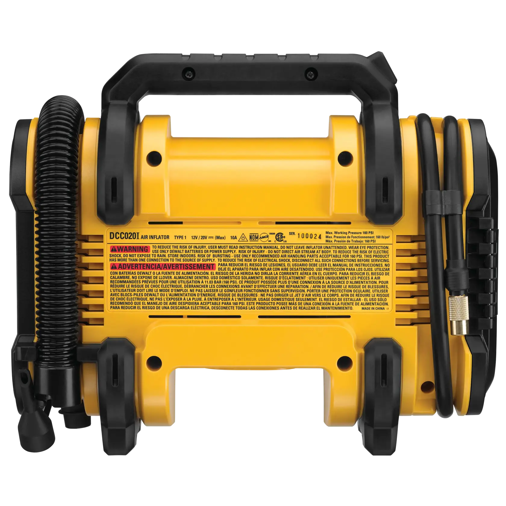 Front view of a yellow DEWALT portable air inflator with a black handle, coiled hose, and power cord attached to the sides. Product label and instructions are visible on the front.