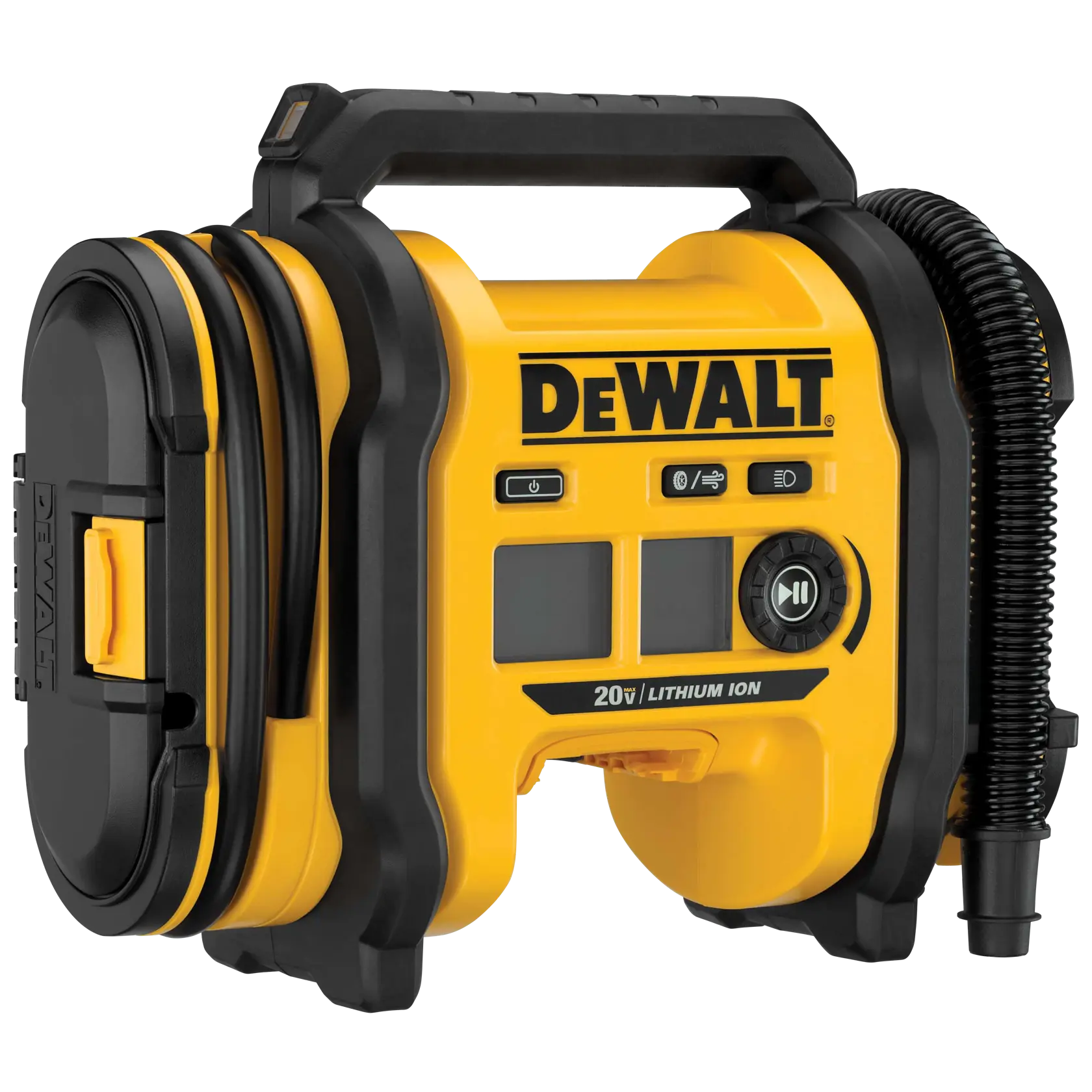 A DEWALT 20V Lithium Ion portable air inflator, featuring a yellow and black design, digital display, control buttons, and a flexible hose attached to the side.
