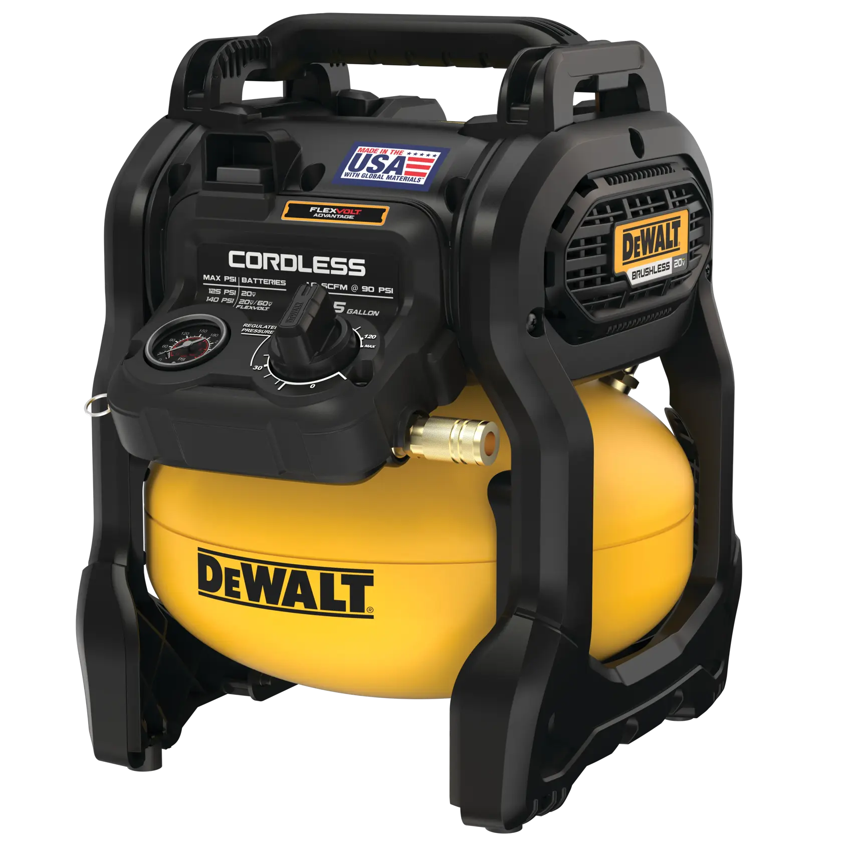A DEWALT cordless air compressor with a yellow tank and black handle, featuring control knobs, pressure gauge, and branding. The product is labeled as brushless and Made in the USA with global materials.