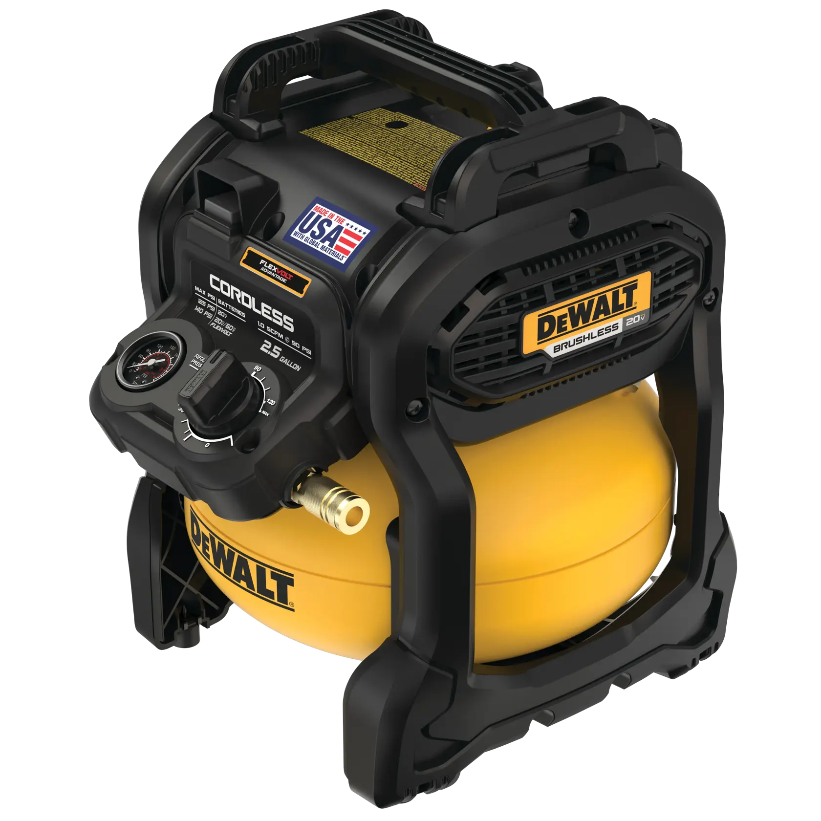 A DEWALT 20V cordless brushless air compressor with a 2.5 gallon tank, featuring a black and yellow design, a control panel with gauges, and a handle on top for portability.