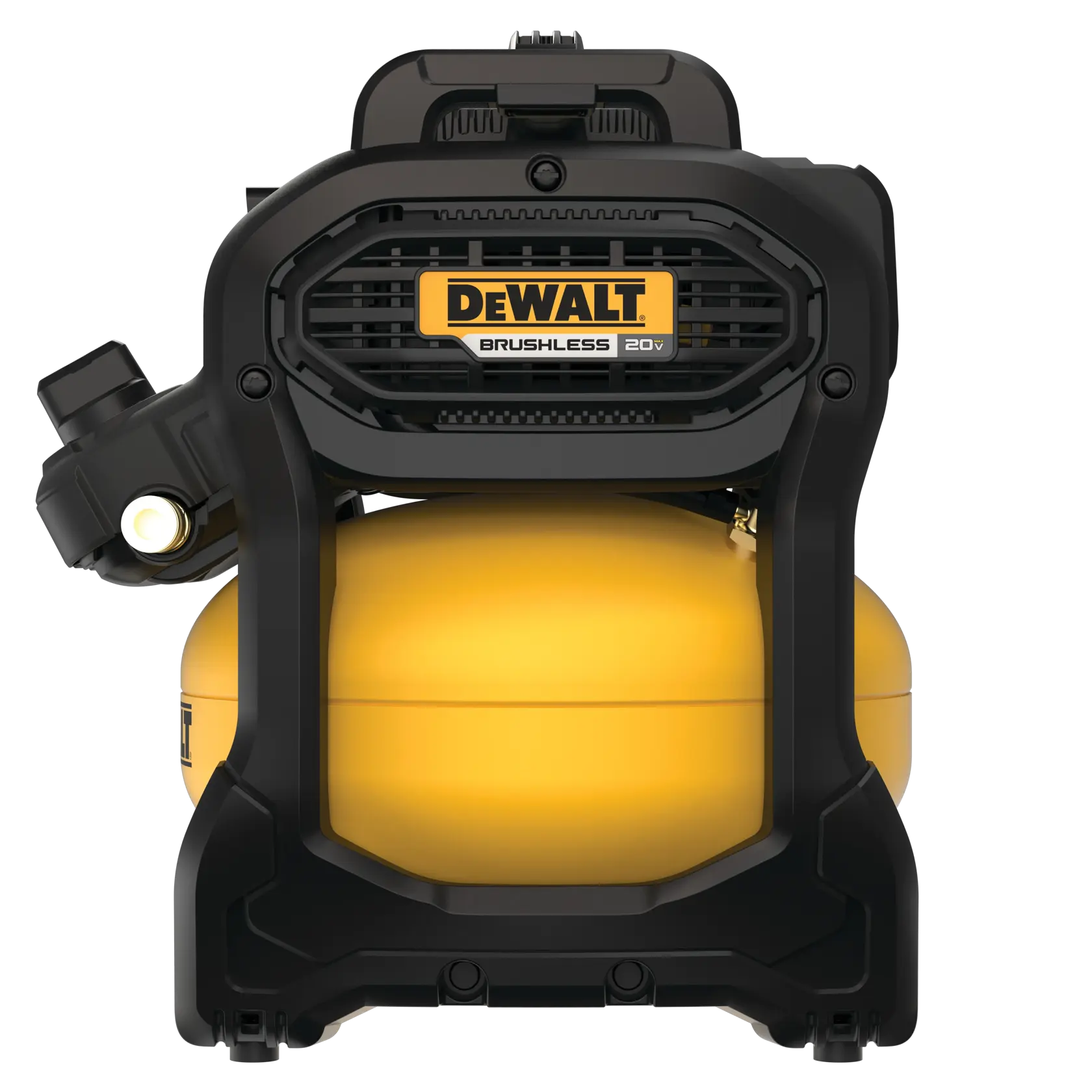 Front view of a DEWALT 20V brushless portable air compressor. The unit has a yellow tank with black protective casing and a visible DEWALT logo on the front.