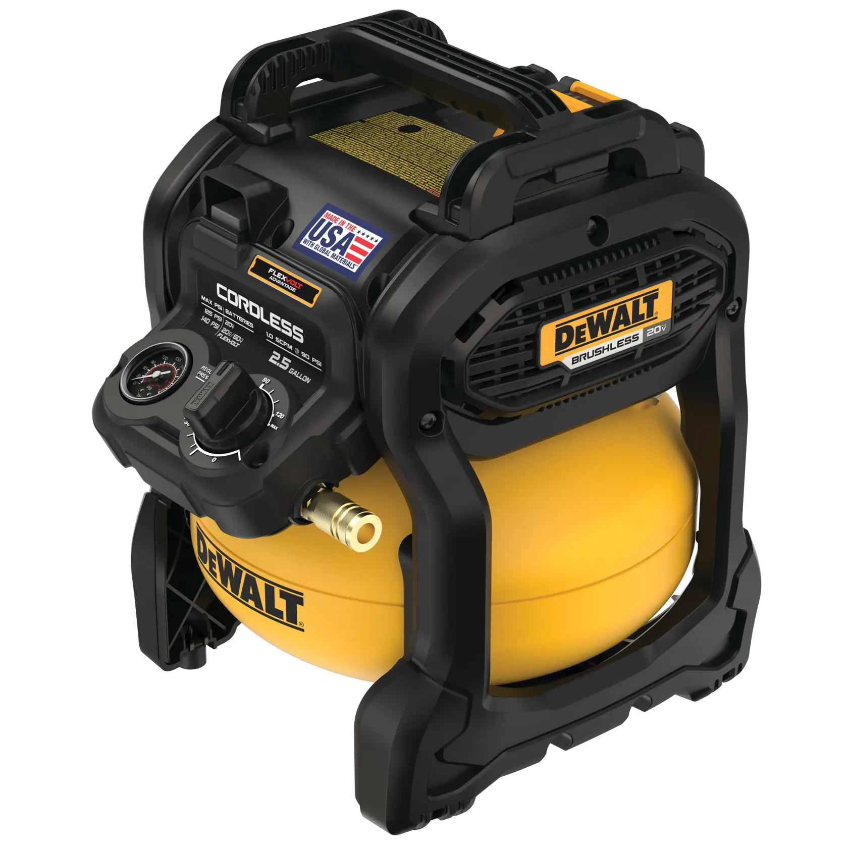 DEWALT cordless portable air compressor with a brushless motor, 2.5 gallon capacity, featuring a yellow and black design and built-in handle.