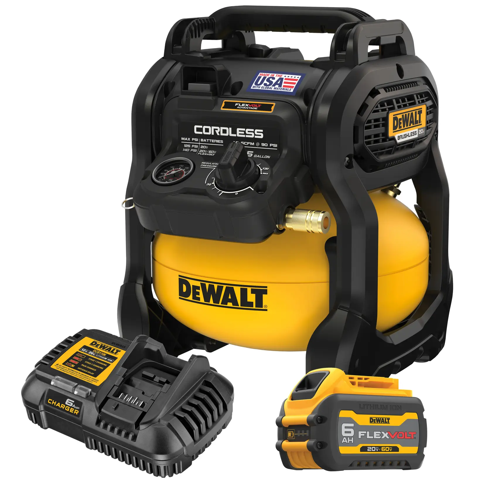 DEWALT cordless air compressor set, including a yellow and black 5-gallon air compressor, a battery charger, and a 6Ah FLEXVOLT lithium ion battery.