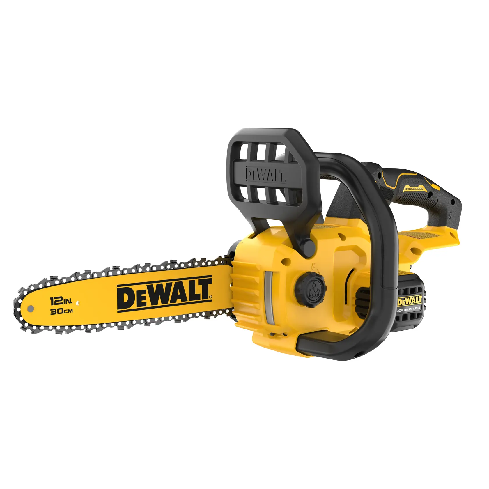 A DEWALT 12-inch cordless chainsaw with a yellow and black design, showing the blade, handle, and battery compartment.