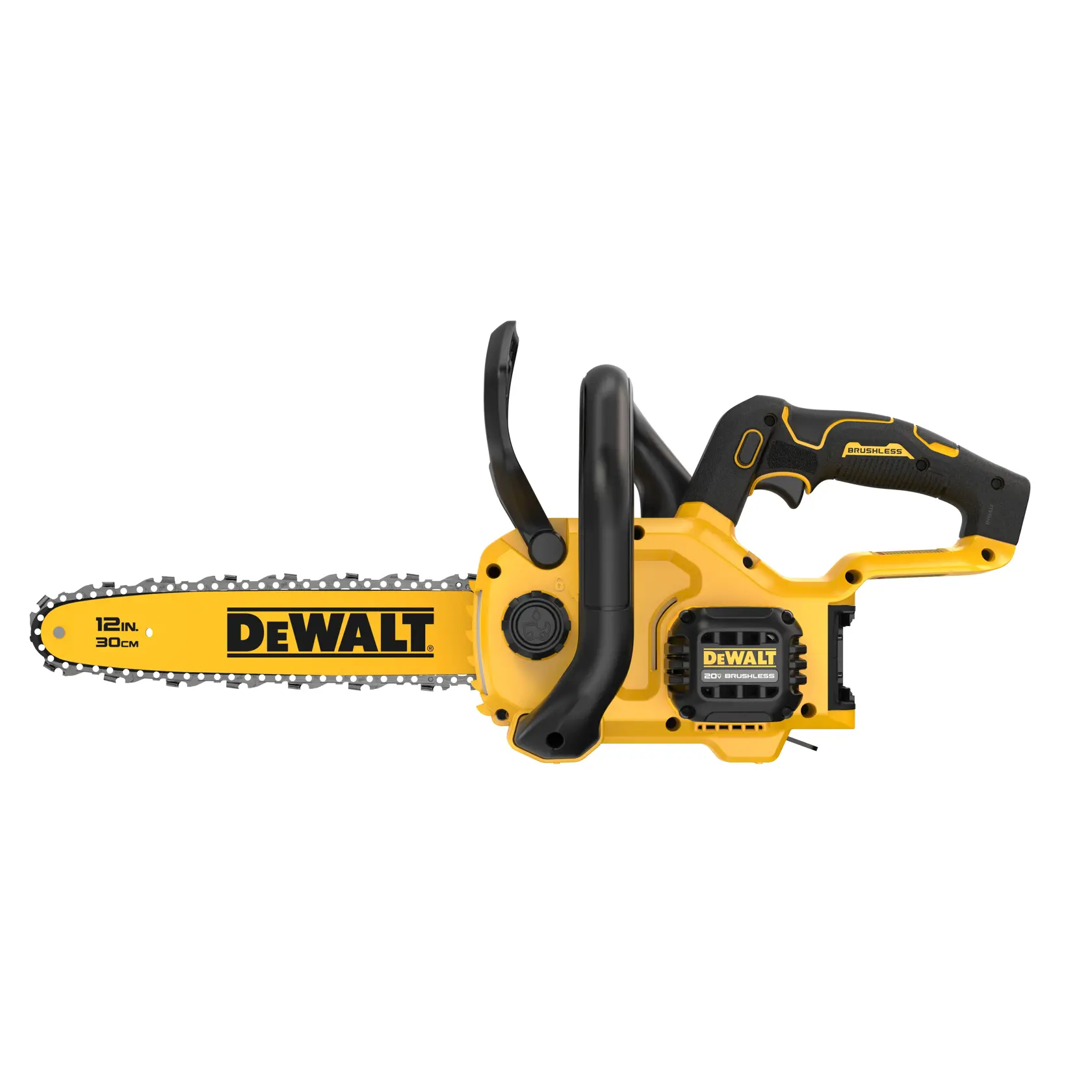 A DEWALT 12-inch cordless chainsaw with a yellow and black design, featuring a Brushless motor and ergonomic handle.