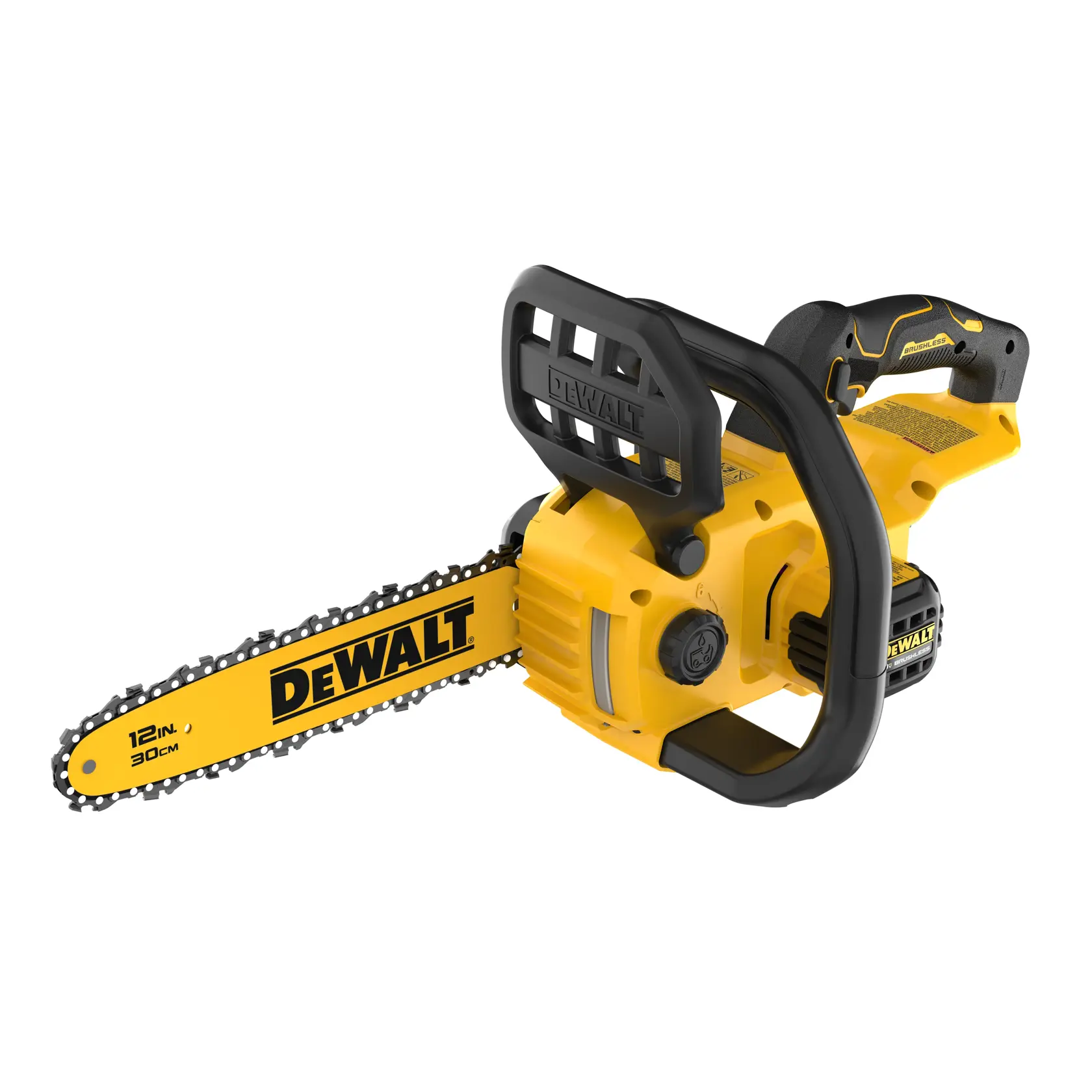 A yellow and black DEWALT 12-inch cordless chainsaw with ergonomic handle and protective guard, displayed against a white background.