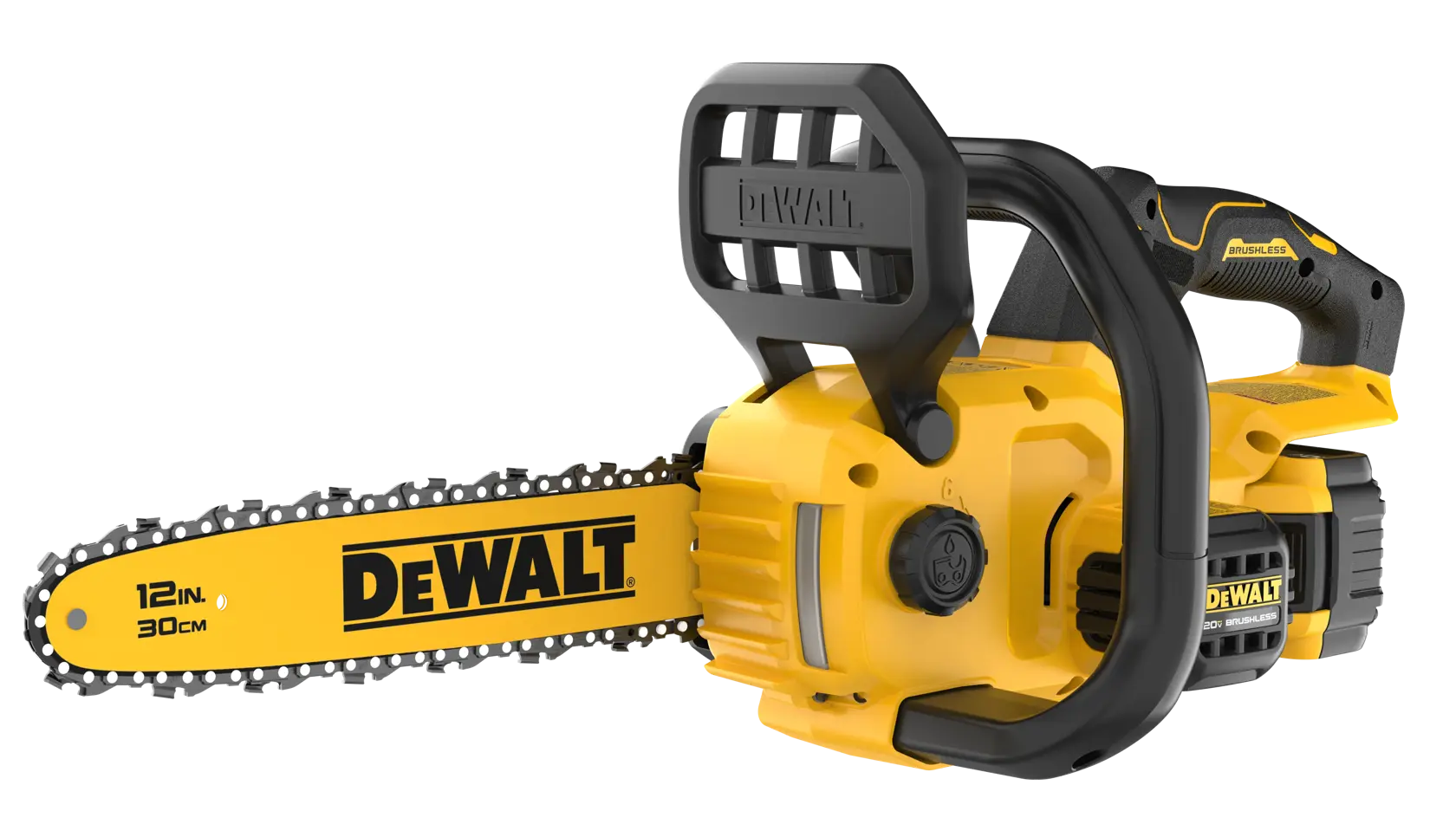 A yellow and black DEWALT cordless chainsaw with a 12-inch (30 cm) blade, featuring a brushless motor and ergonomic handle.