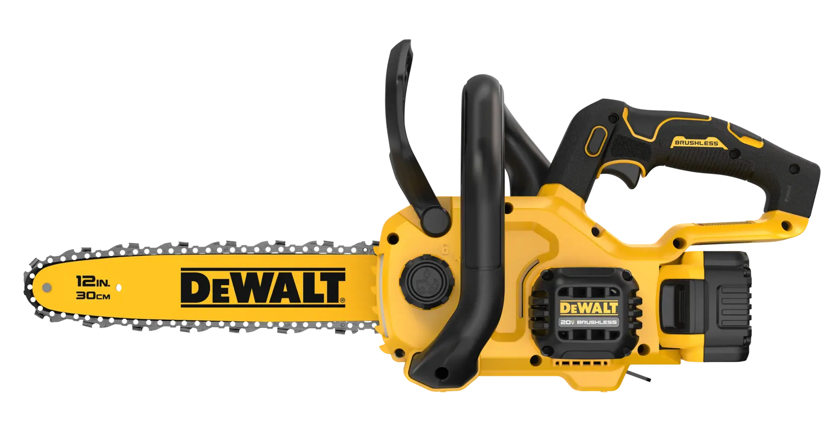 DEWALT cordless chainsaw with a 12-inch (30 cm) yellow blade, featuring a black handle and brushless motor, shown from the side.