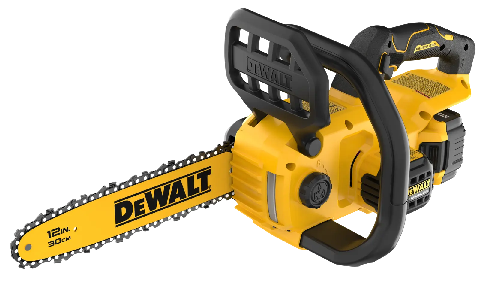 A DEWALT 12-inch cordless electric chainsaw with a yellow and black design, showing the DEWALT brand name on the blade and body.