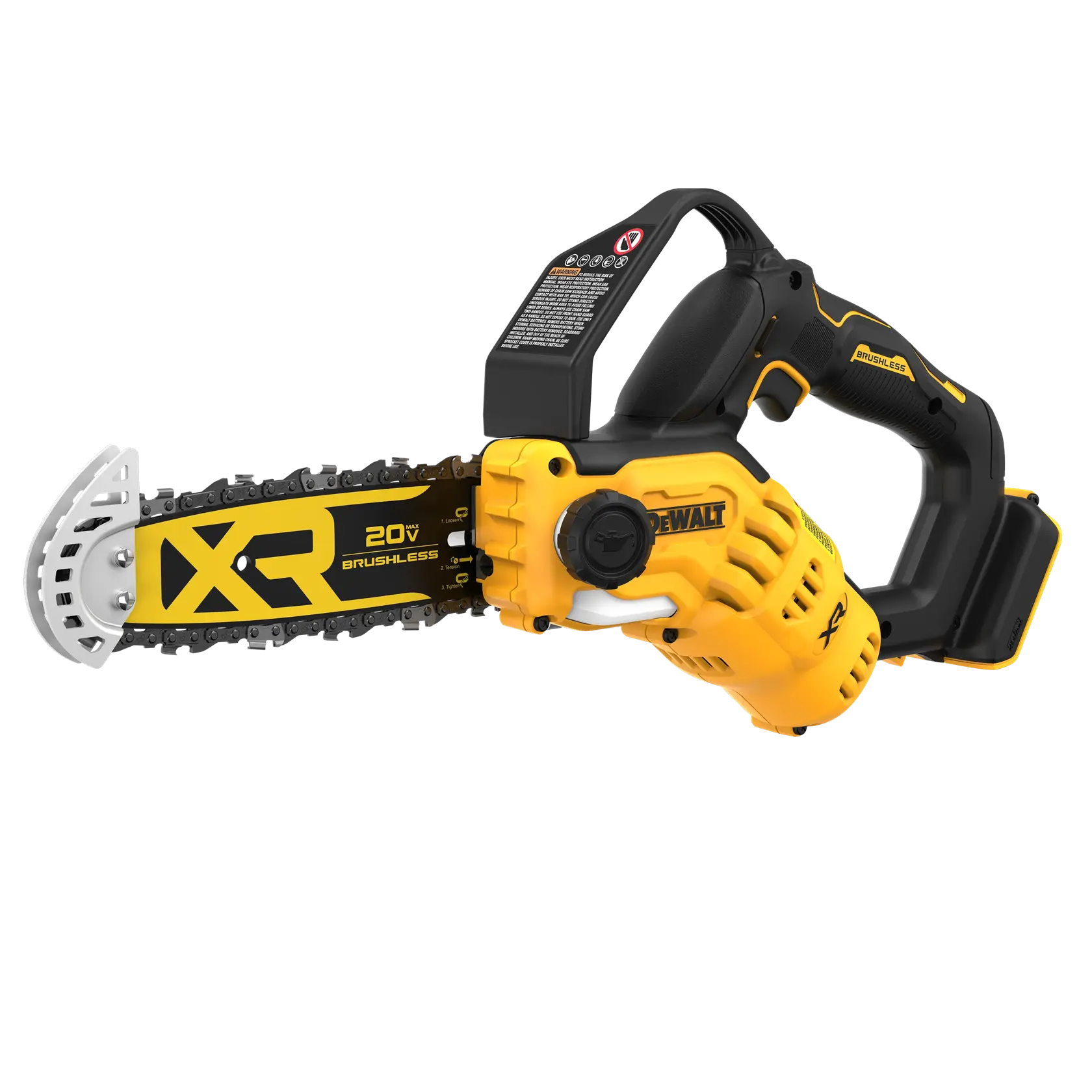 A DEWALT XR 20V brushless cordless chainsaw with a yellow and black design, featuring a safety guard and ergonomic handle. The chain and blade are visible, suitable for cutting wood and outdoor use.