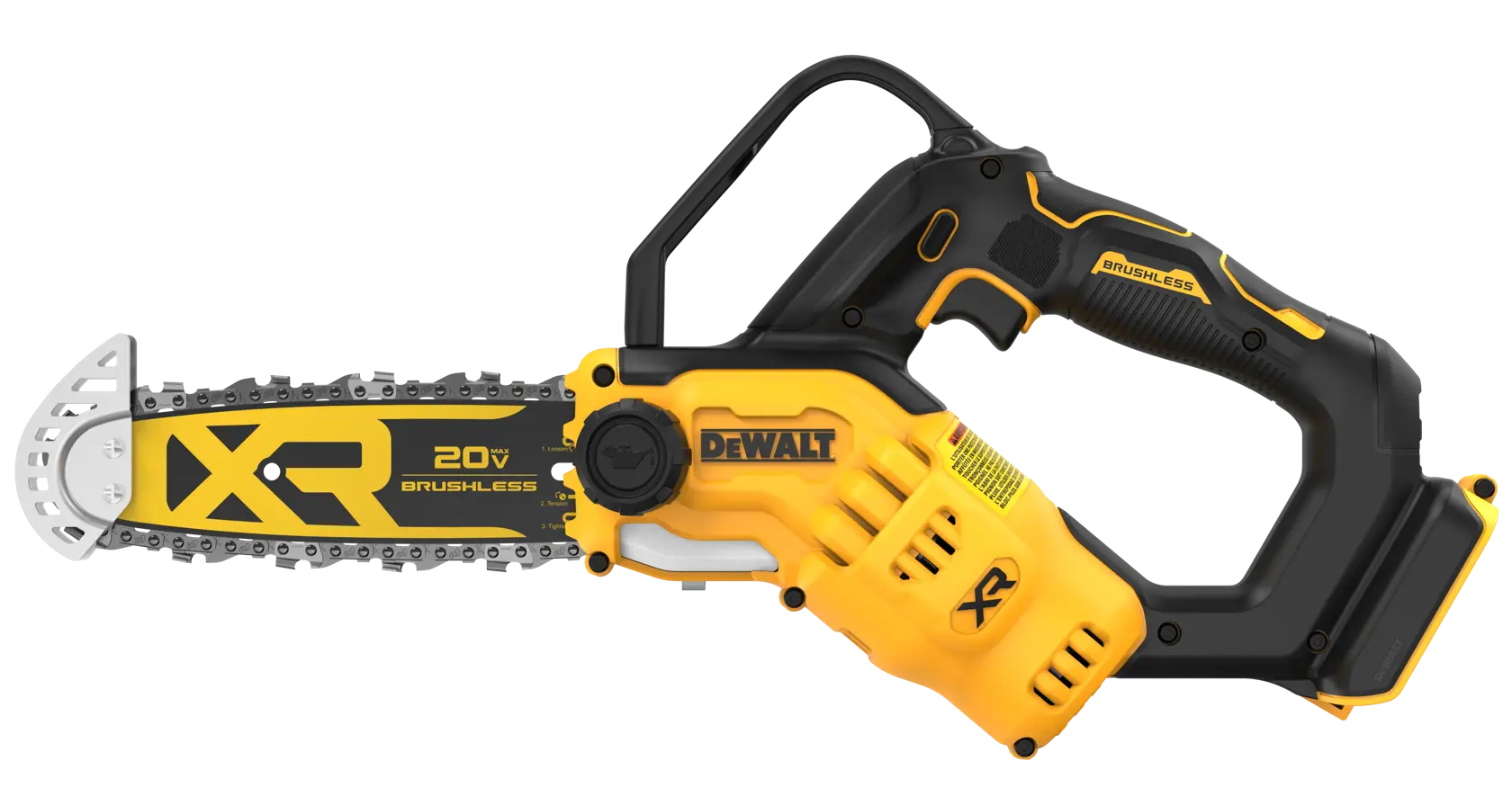 A DEWALT XR 20V brushless cordless chainsaw with a yellow and black design, showing the blade, chain, and handle.