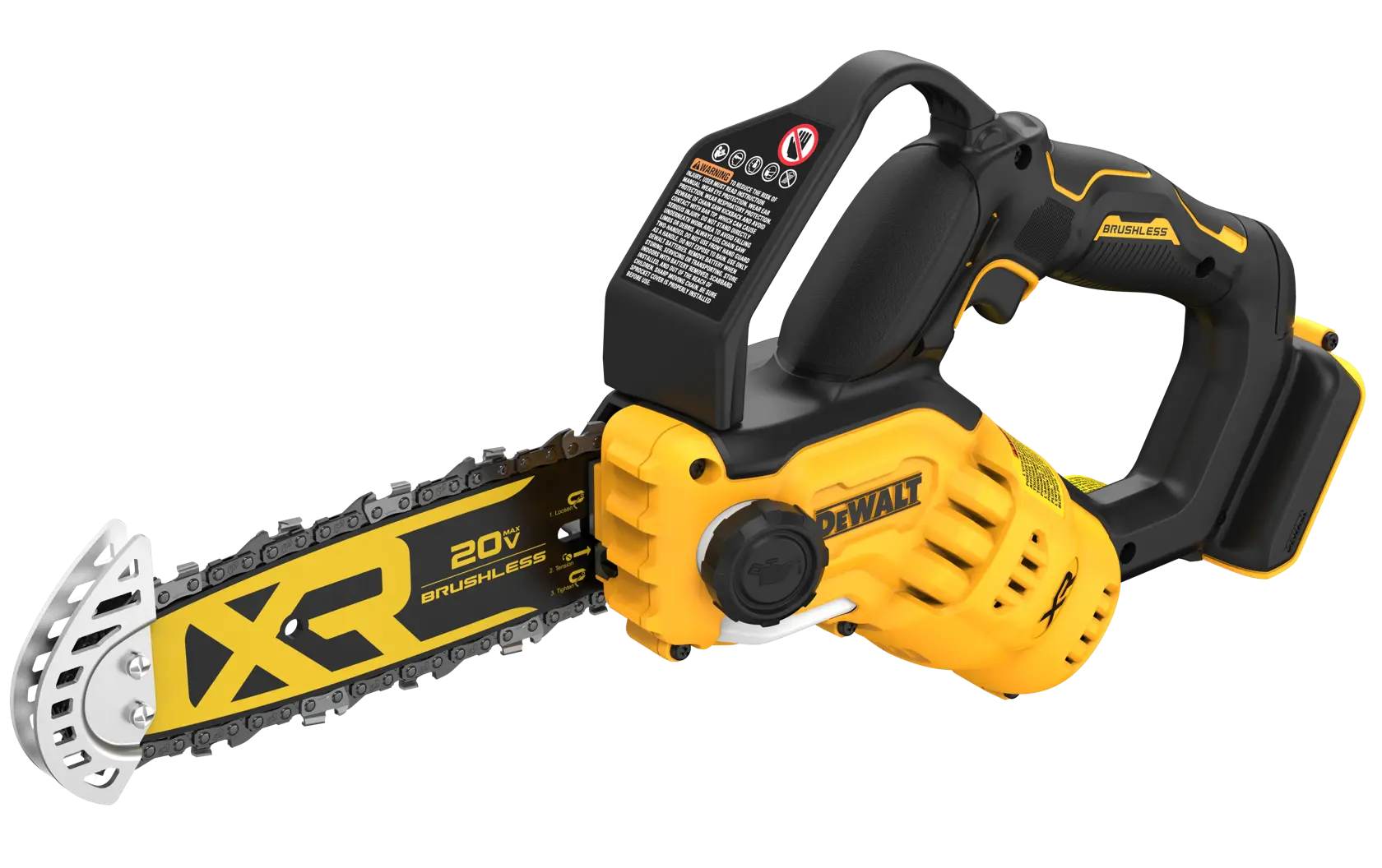 A DEWALT 20V cordless brushless chainsaw with a yellow and black design, model DCCS623B, suitable for compact cutting tasks.