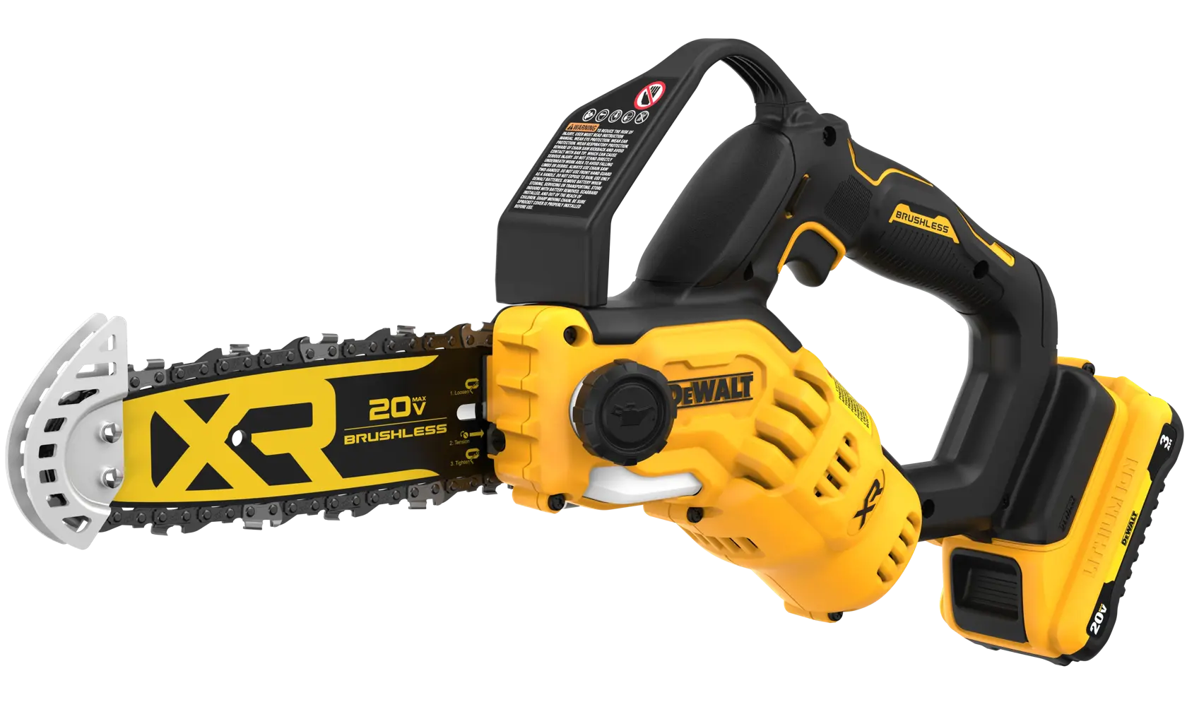 A DEWALT XR 20V brushless cordless chainsaw, yellow and black in color, featuring a compact design with a battery attached and safety guard on the chain.