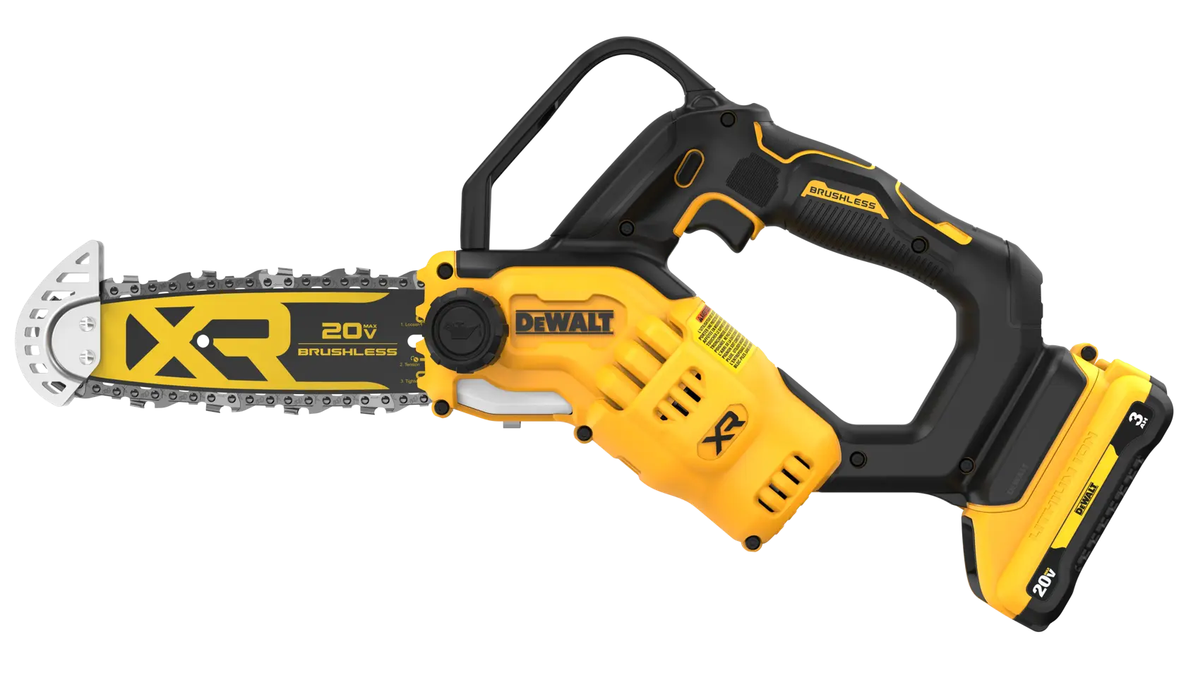 A yellow and black DEWALT cordless chainsaw with a brushless motor, 20V XR battery, and ergonomic handle.
