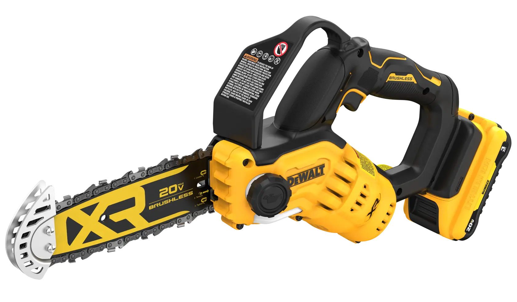 DEWALT 20V XR Brushless cordless chainsaw with yellow and black design, visible battery pack, ergonomic handle, and safety guard.