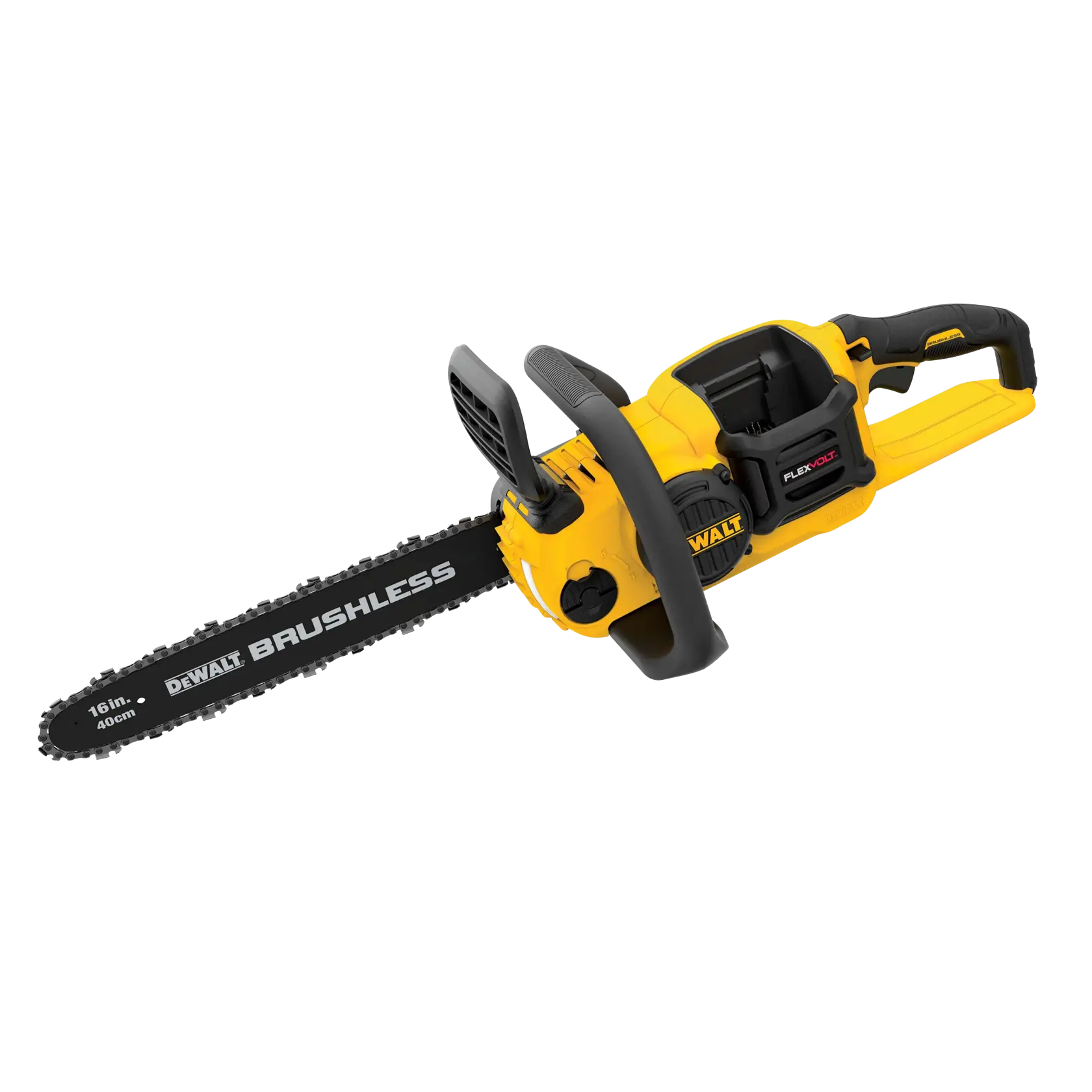 Yellow DEWALT cordless chainsaw with brushless motor and 16-inch bar, designed for outdoor cutting tasks.