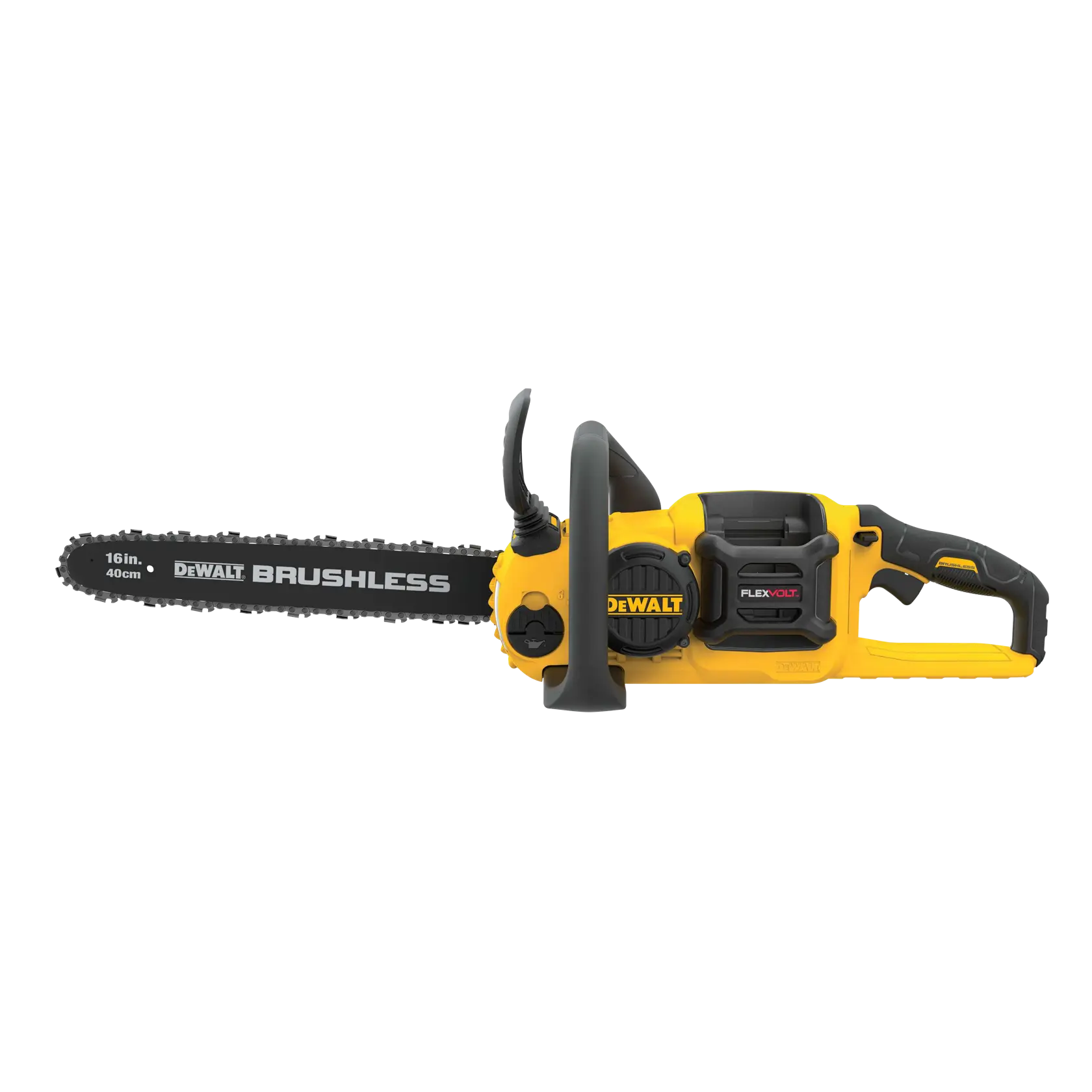 Yellow DEWALT brushless chainsaw with a 16-inch bar, ergonomic handle, and FLEXVOLT battery compartment.